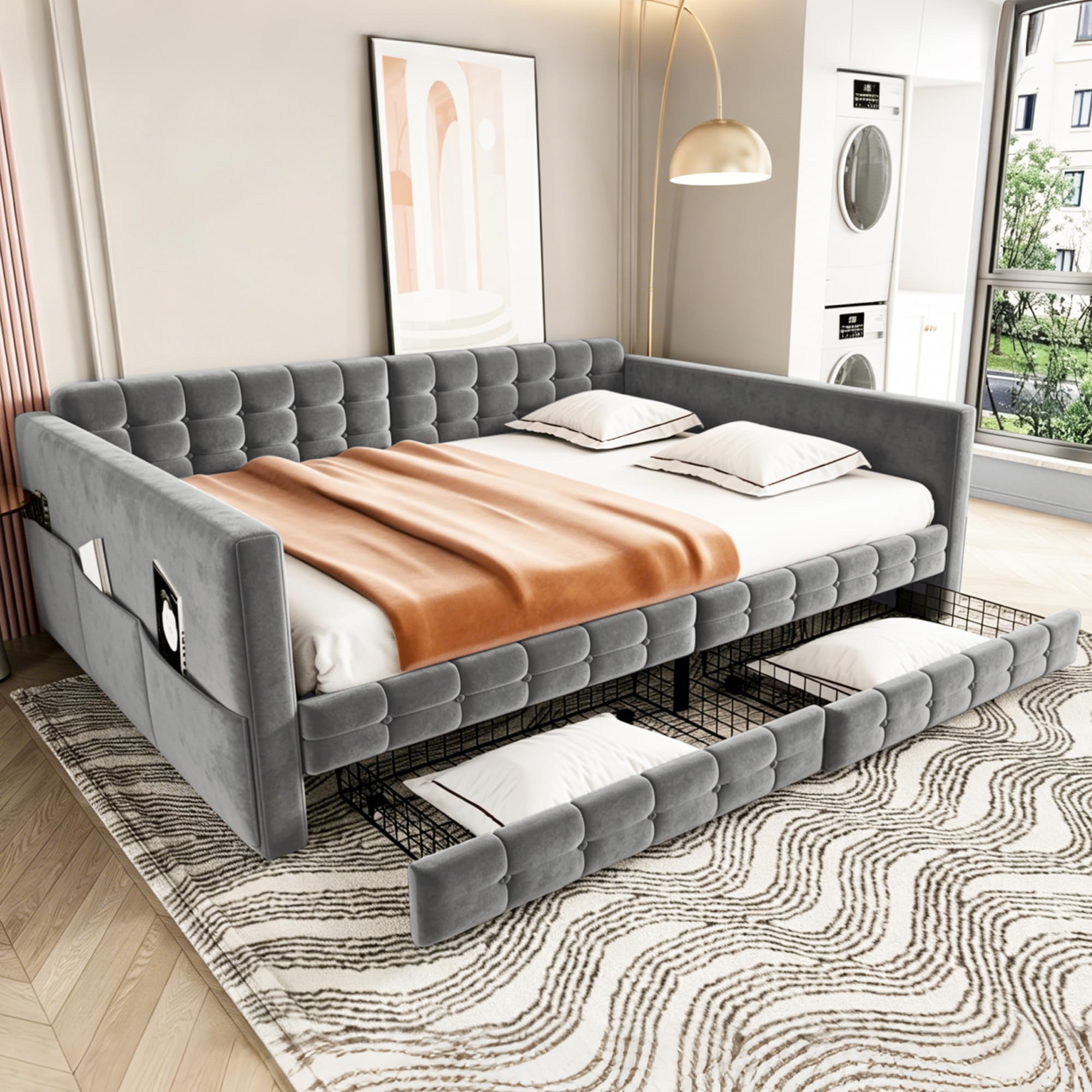 Łóżko tapicerowane, sofa z funkcją spania 140 x 190, klasyczny wzór w kratkę, schowki po bokach łóżka, dwie szuflady pod łóżkiem, dla gości lub jako pojedyncze łóżko, aksamitny materiał, szary