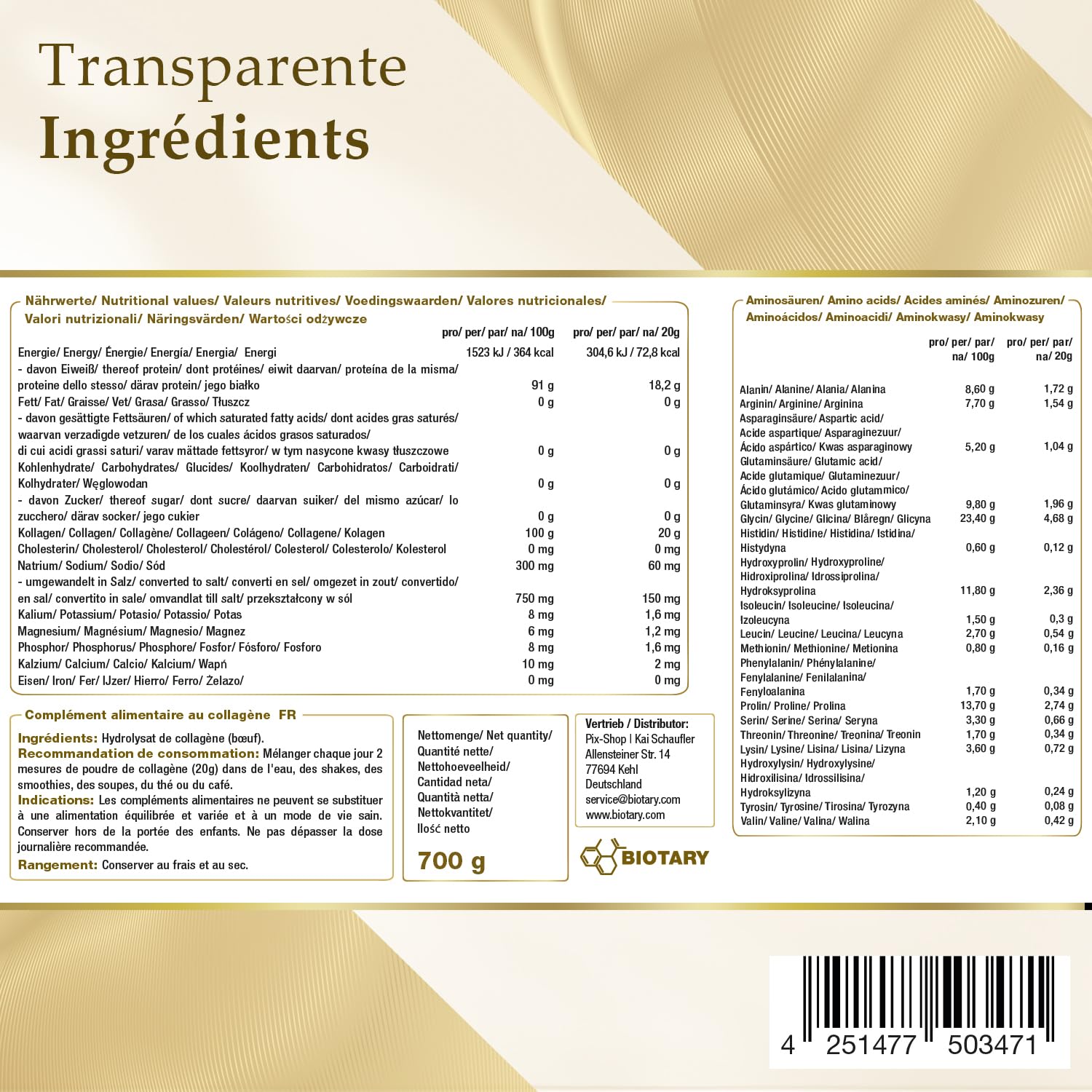 Poudre de Collagène 700 g Hydrolysat de Collagène 100% Pur Peptides de Type 1, 2 et 3, Excellente Solubilité Goût Neutre Formule Pure Qualité Contrôlée