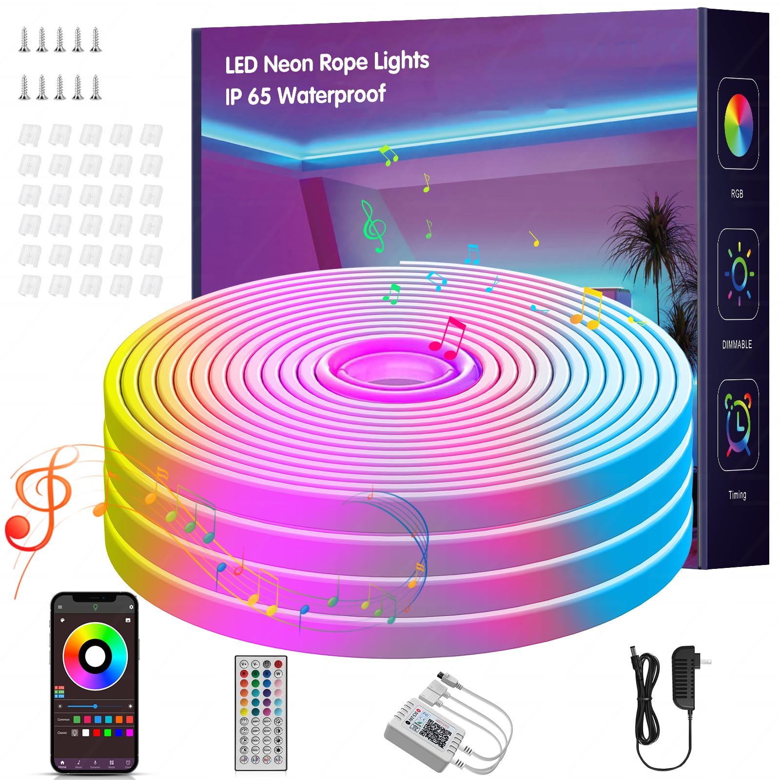 NBBUFF 50FT RGB Led Neon Rope Lights Outdoor with Remote & App Control | (1 Roll) Music Sync Led Strip Lights Color Changing, Neon Led Light Strip,DIY Flexible Led Lights For Bedroom, Gaming, Party