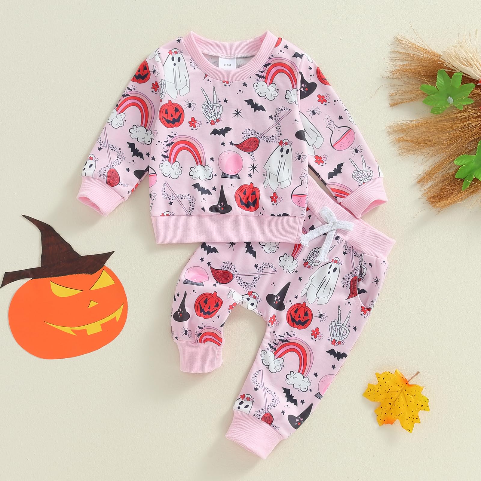 FIOMVA Baby Girl Halloween Outfit Toddler Sweatshirt Pants 2pcs Set Cute Pumpkin Spooky Print Infant Fall Winter Clothes (C Spooky Pumpkin Pink,12-18 Months)