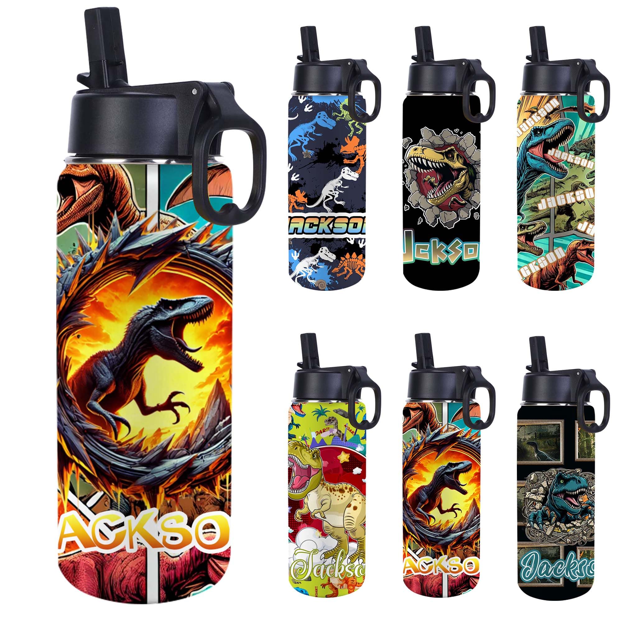Personalized Water Bottles for School 18oz,Customized Dinosaur Insulated Stainless Steel Waterbottle with Straw Name Text,Travel Cup Back to School Supplies for Holiday Camping Picnic