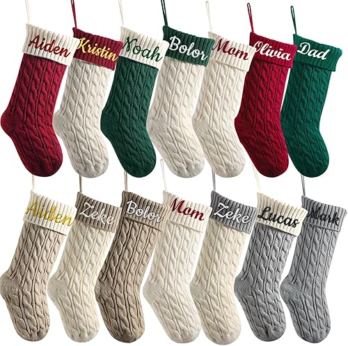 Infiher 1 paquete de medias de Navidad personalizadas con nombre personalizado de 18 pulgadas, medias de Navidad grandes de punto para colgar en la