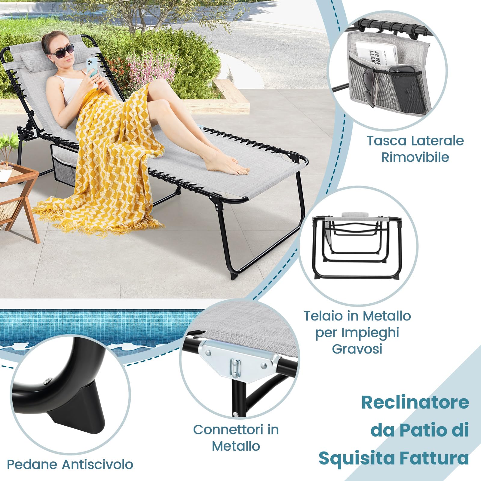 COSTWAY Lettino Prendisole da Giardino, Sedia a Sdraio Pieghevole con Schienale Regolabile, Cuscino Staccabile, Tasca, Portata 200 kg, 168-188 x 69 x 41-86 cm (Grigio)