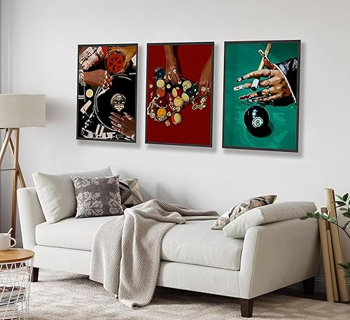 Miniatura 8 de JWDXNOOK 3 piezas de arte de pared femenino a la moda, decoración de pared con música retro, impresión de manos de DJ y billar negro, 8 temas,