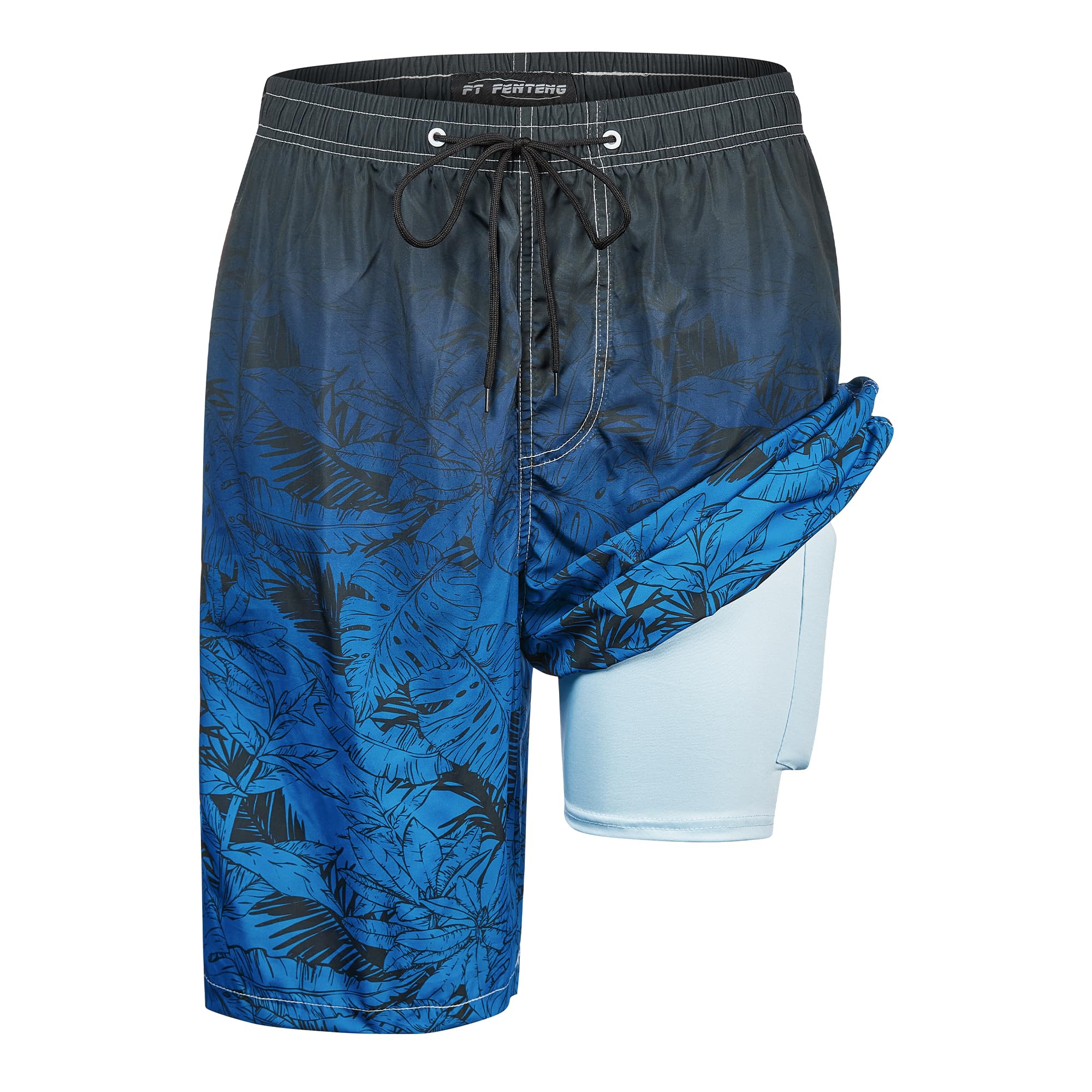 Mens Swim Trunks with Compression Liner 9" Board Shorts with Zipper Pockets