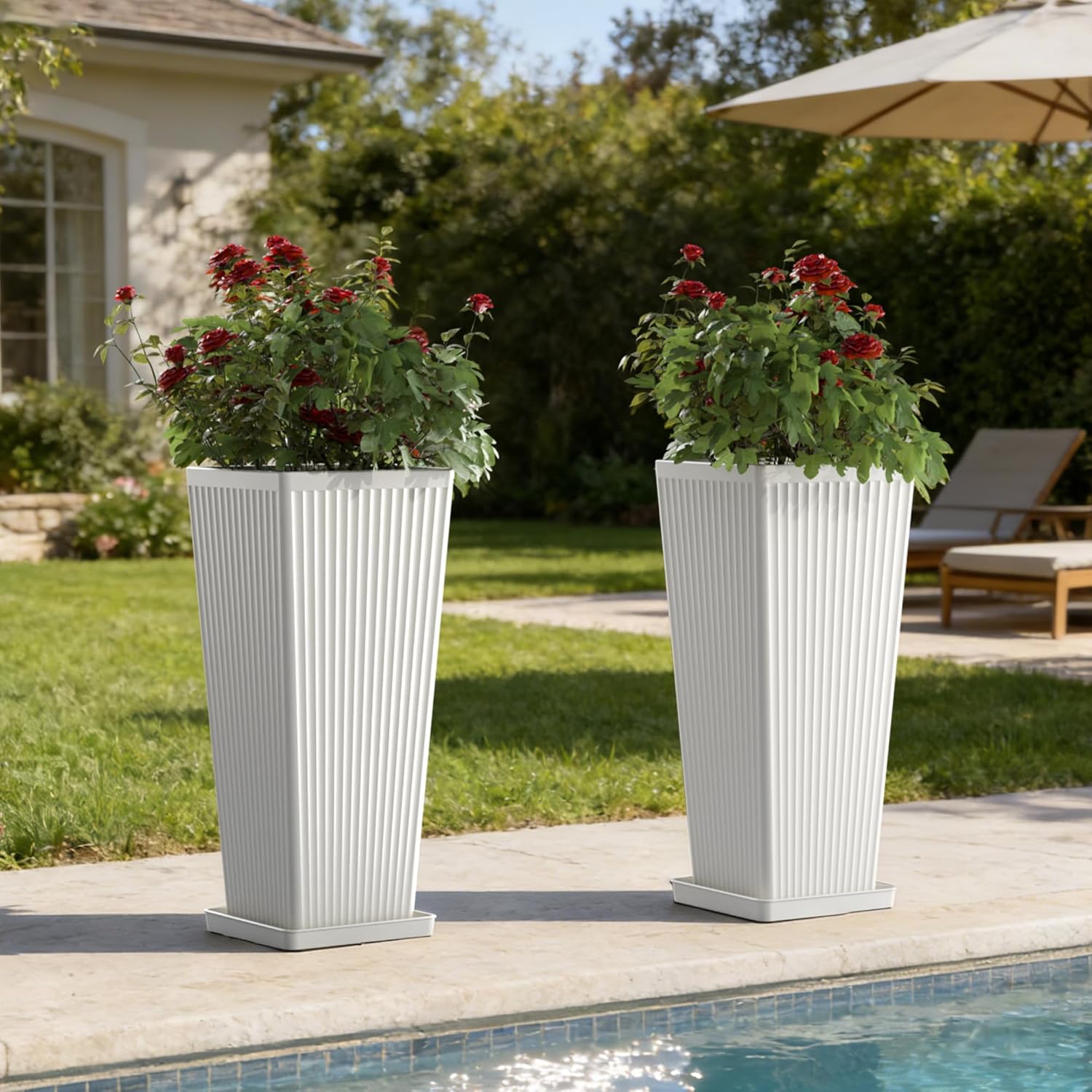 White Square Tall Planters for Outdoor Plants Set of 2-23.6" Modern Tapered Indoor Flower Pots with Drainage Holes/Partition/Tray, Large Outdoor Planters for Porch Patio Garden Front Porch