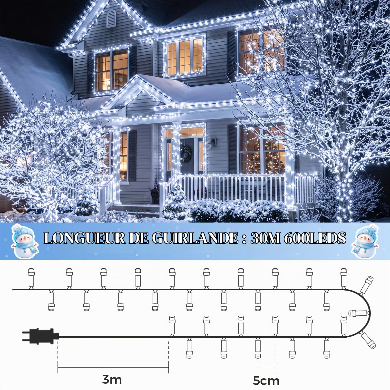 GlobaLink Guirlande Lumineuse de Noël 30M 600 LED-Blanc froid
