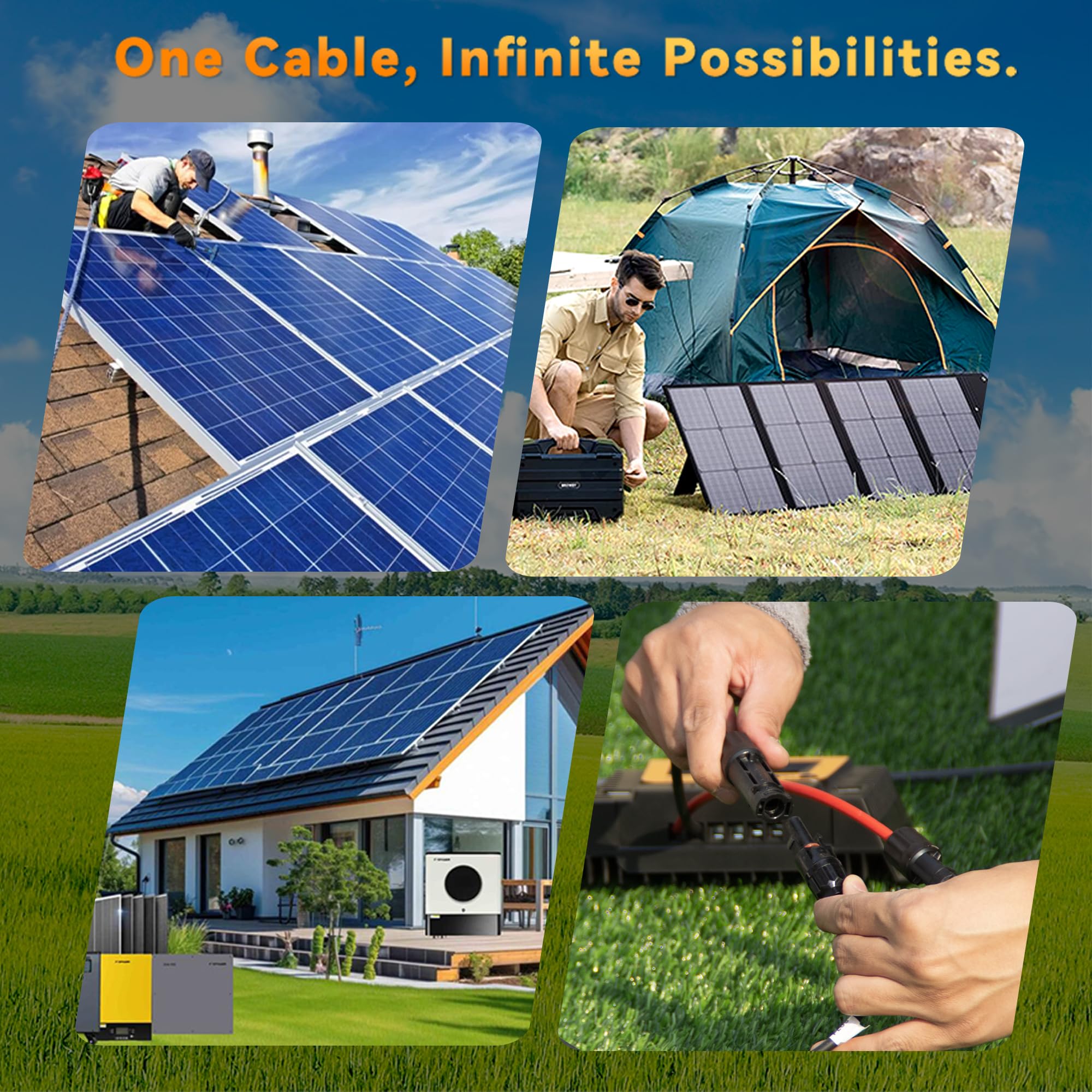 SJZSUNRUN - Cable de extensión solar de 10 AWG de 328 pies (negro) de 6 mm², cable fotovoltaico con 4 conectores impermeables IP68 para paneles solares, marina, sistemas fotovoltaicos,