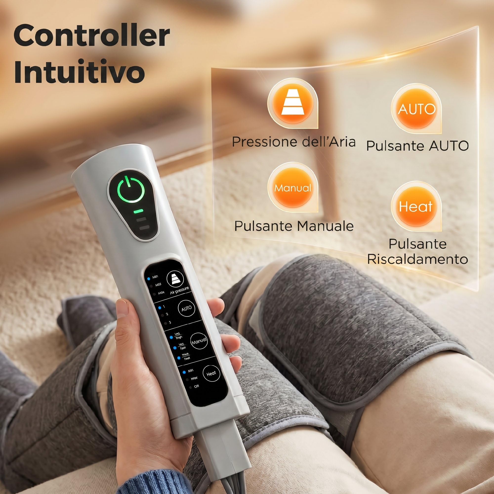 HOMCOM Massaggiatore Gambe a Compressione d'Aria, 2 Livelli Calore ai Piedi, per Polpacci e Cosce, 3 Modalità, 3 Intensità, Pressoterapia Casa, Linfodrenaggio e Circolazione, Regalo per Uomini e Donna