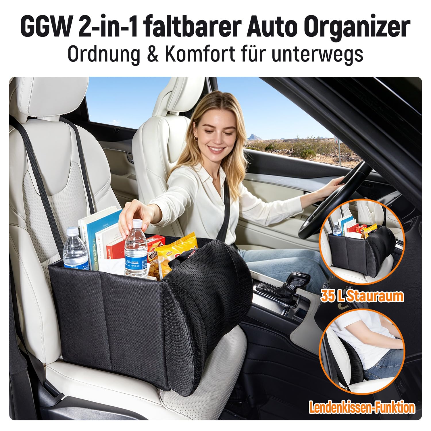 GGW Organizer 2 in 1 pieghevole con cuscino lombare – Scatola robusta per archiviazione in auto, SUV e pick-up