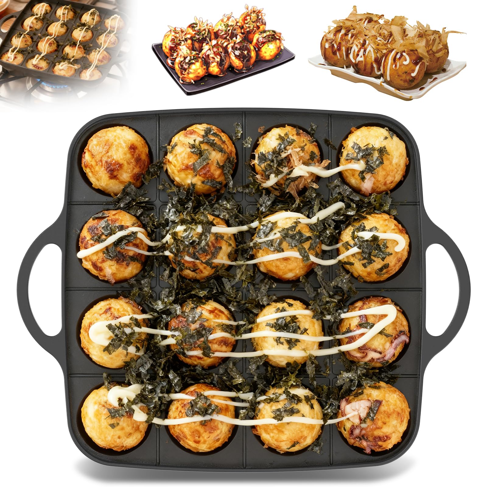 ZEJEXXB Takoyaki Pan Premium Cast Iron 16-Hole Biscuit Pan Nonstick Meat Balls Mold with 2 Handle Multipurpose Baking Tray Octopus Ball Maker for Pancake Balls and Takoyaki