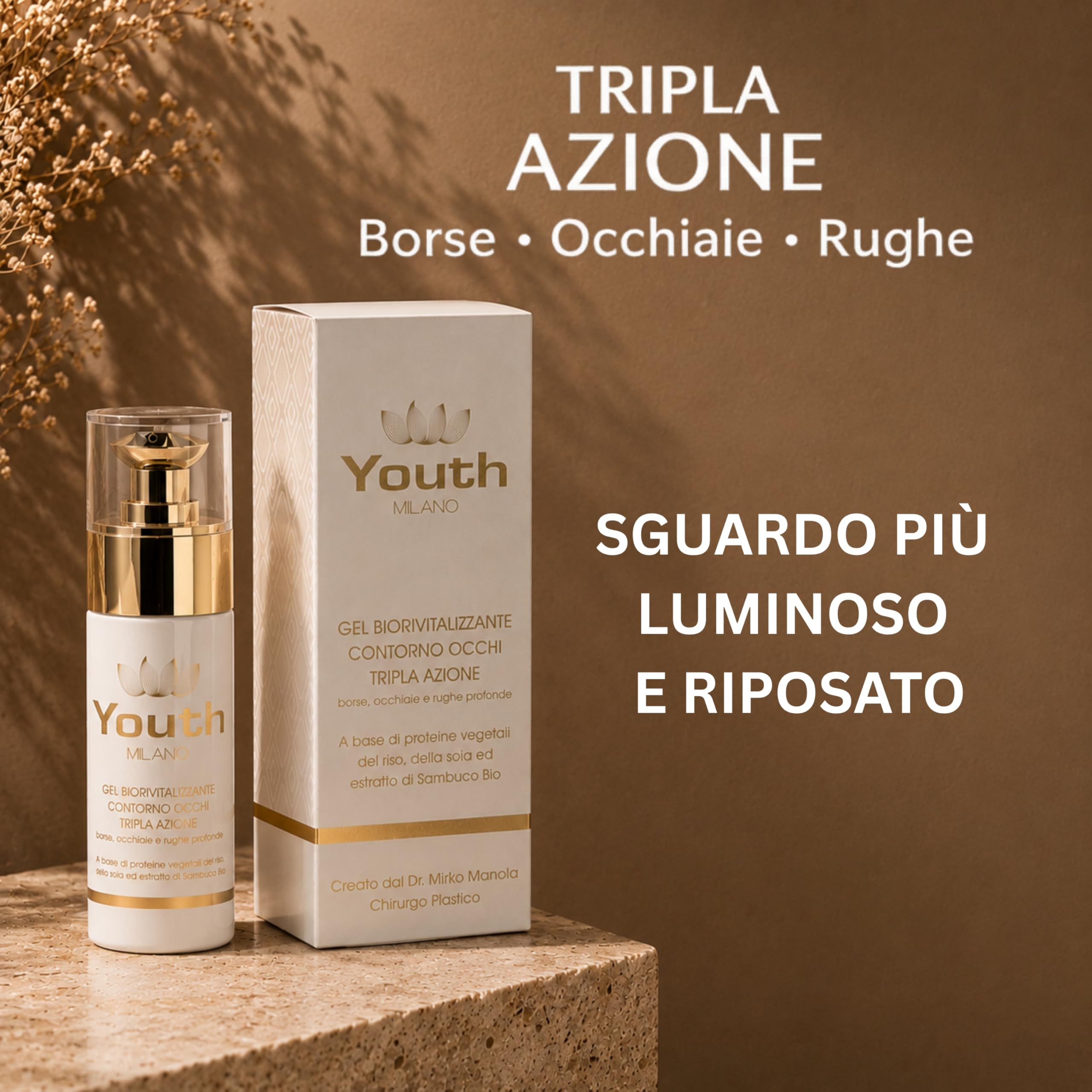 Gel Biorivitalizzante Contorno Occhi 30ml | Siero Antirughe Rimpolpante a Tripla Azione con Proteine Vegetali di Riso e Soia: Riduce Borse, Occhiaie e Rughe