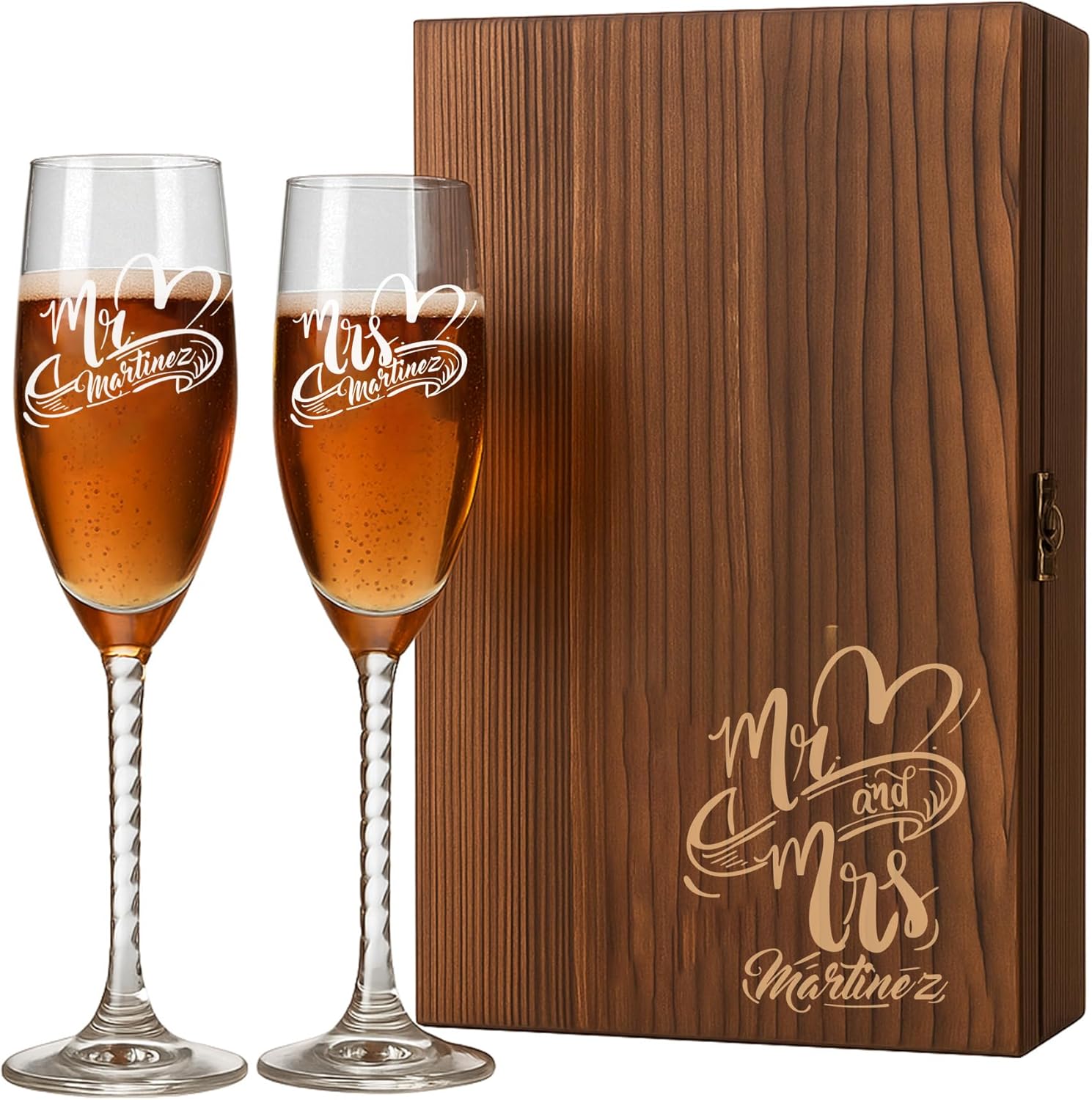 Froolu Mr and Mrs Champagne Flutes Set with Engraved Wooden Box – Elegant Wedding Toasting Glasses – Gift for Bride and Groom, Aniversary Engagement (Glass + Box, Design #1)