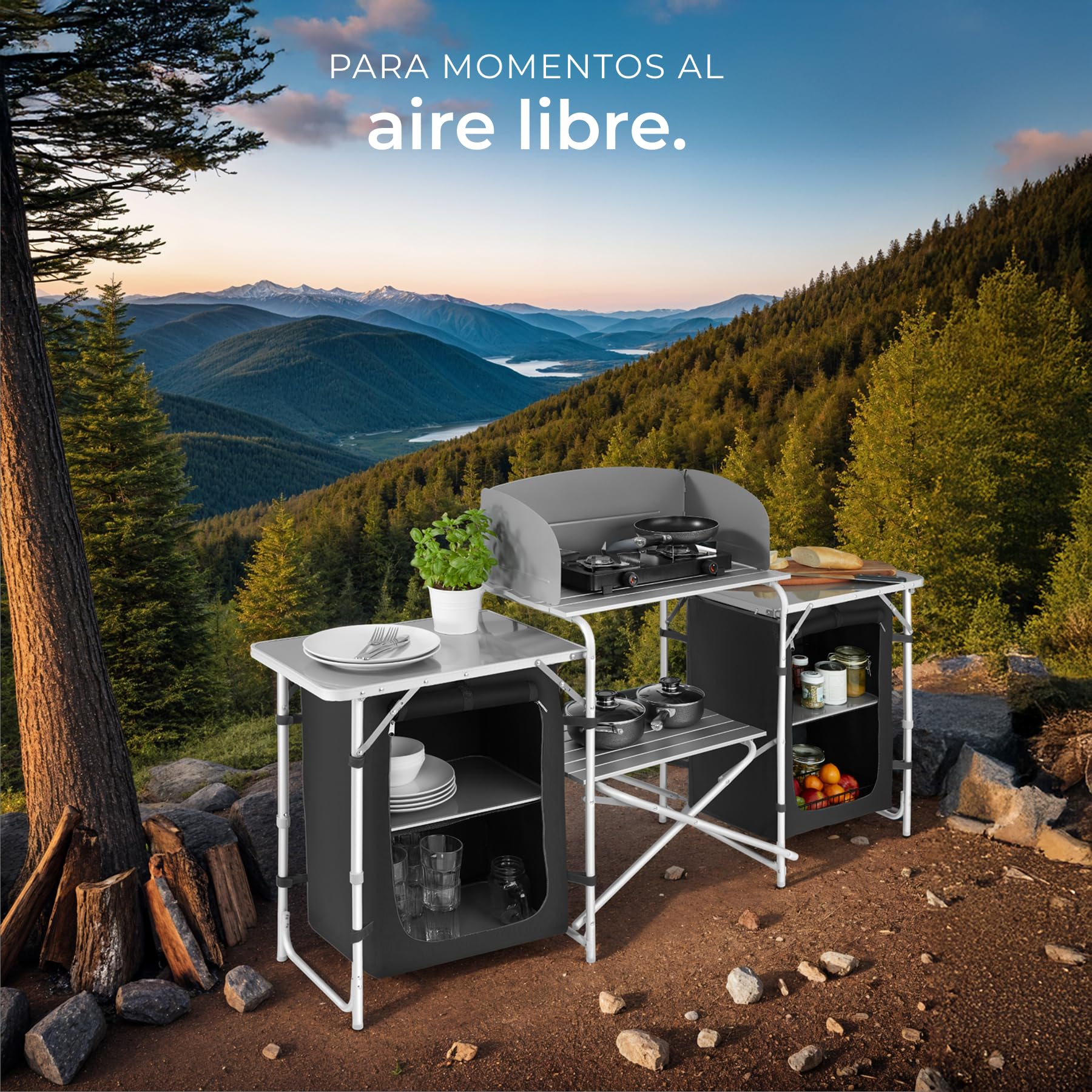 TecTake® Cocina de Camping Plegable Ligera con Bolsa de Transporte, Mesa y Armario de Cocina - Negro