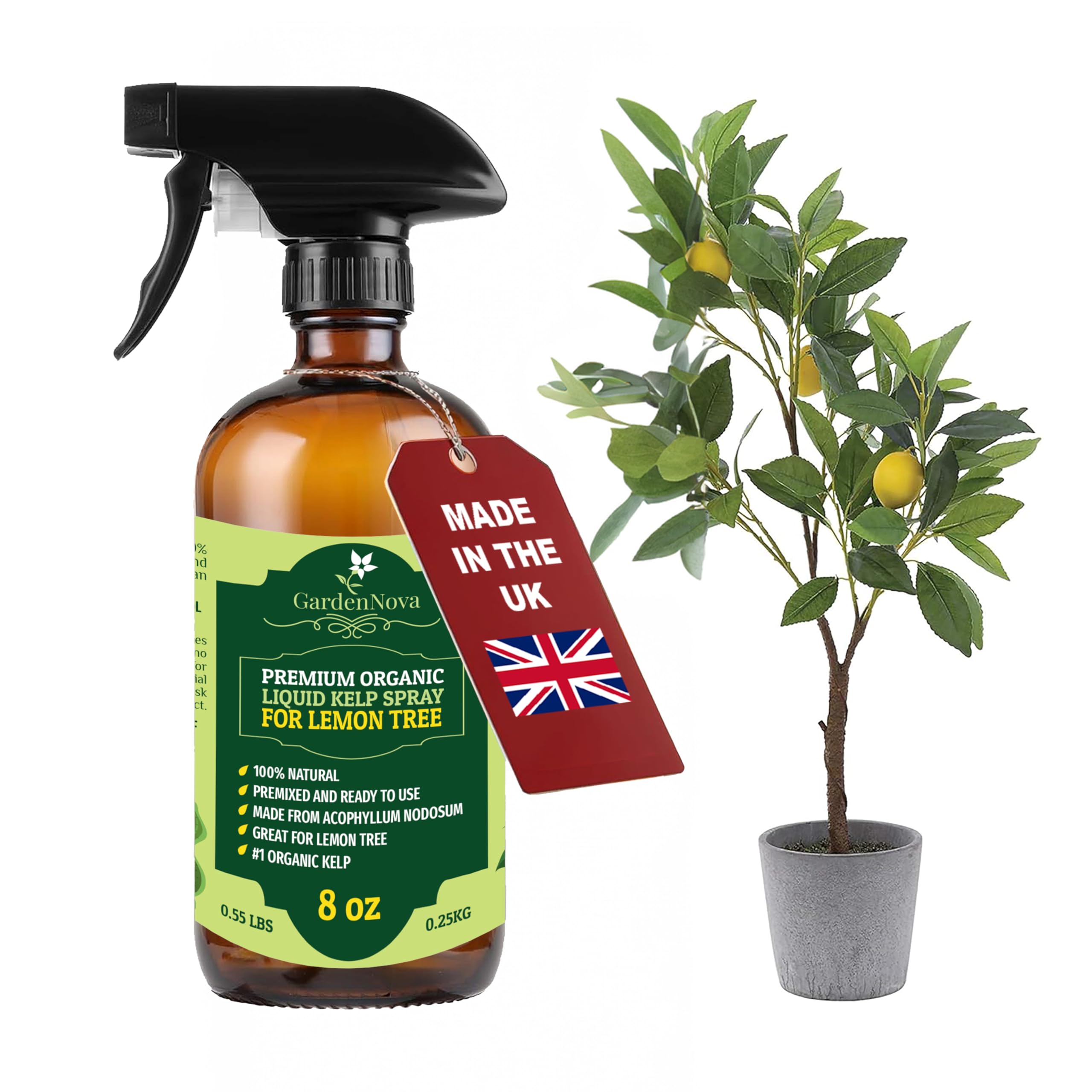 GARDENNOVA Professional Organic Liquid Kelp Spray for Lemon Plants - 8 oz - Ready-to-Use Fully Organic Seaweed & Kelp Fertilizer Mist