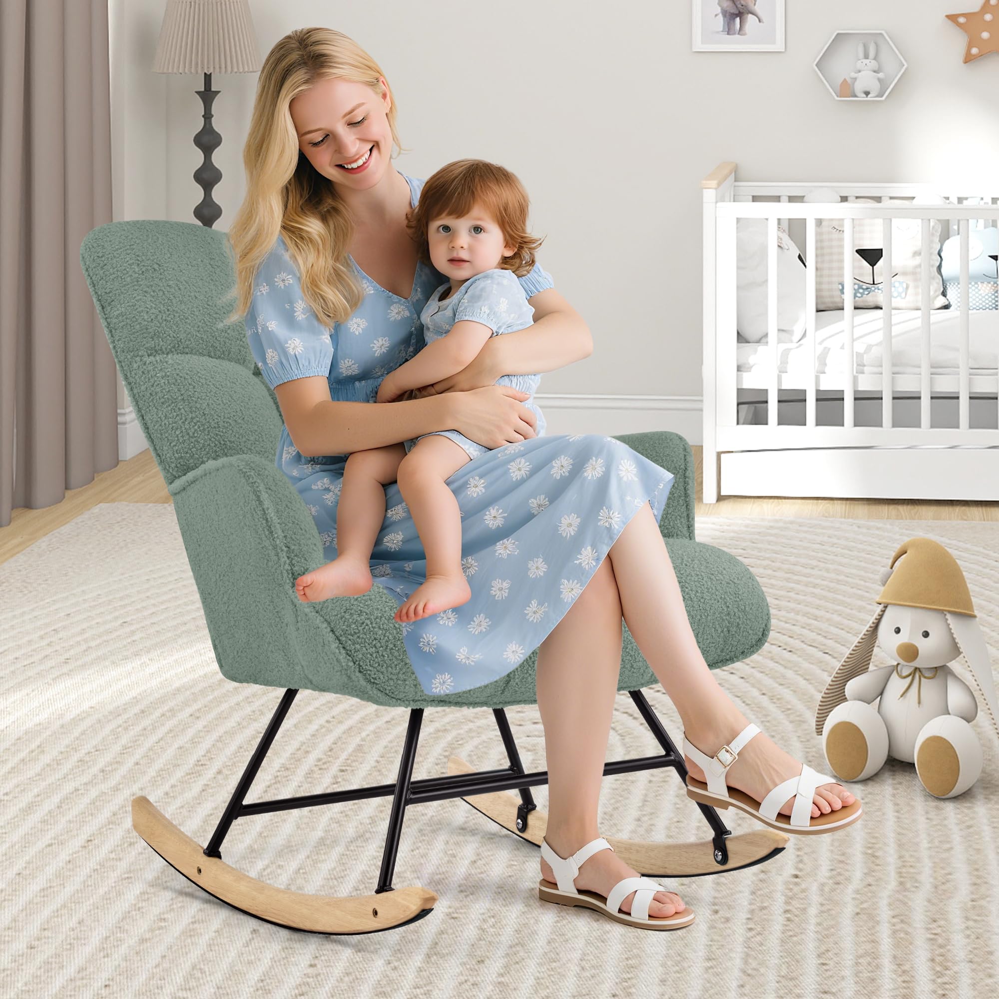 Schaukelstuhl Stillsessel, Teddystoff, Grün | Gepolsterter Schwingsessel, Holzkufen, Mit Armlehne, Für Wohnzimmer, Schlafzimmer, Babyzimmer