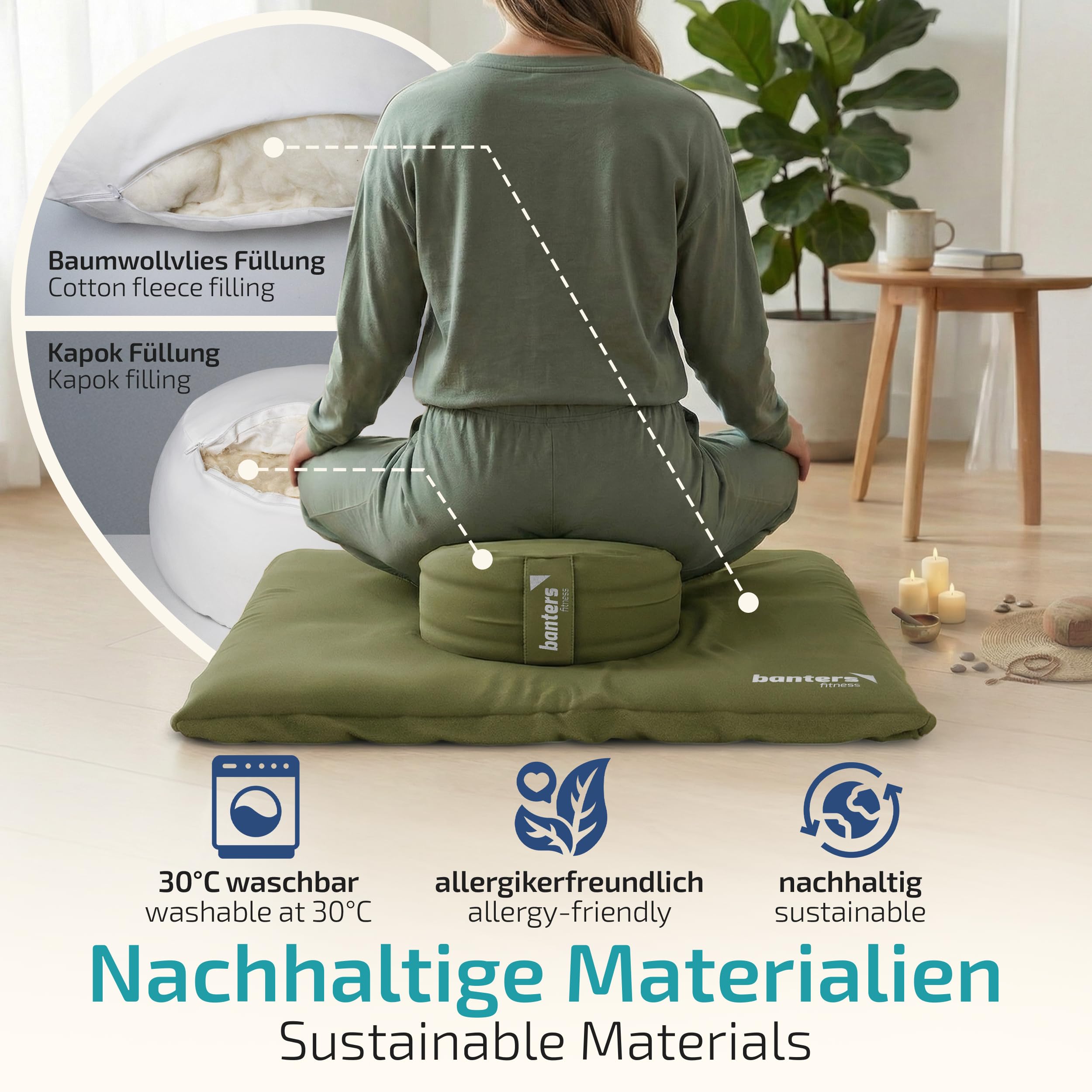 banters Meditationskissen-Set Zafu & Zabuton, Kapok, Bio-Baumwolle, Soft | 3-teilig, Zafu Ø 35 cm/20 cm Höhe, Zabuton 80x80x6 cm, Kapok-Füllung, waschbare Bezüge, Tragegurt 80 cm, Achtsamkeitstagebuch