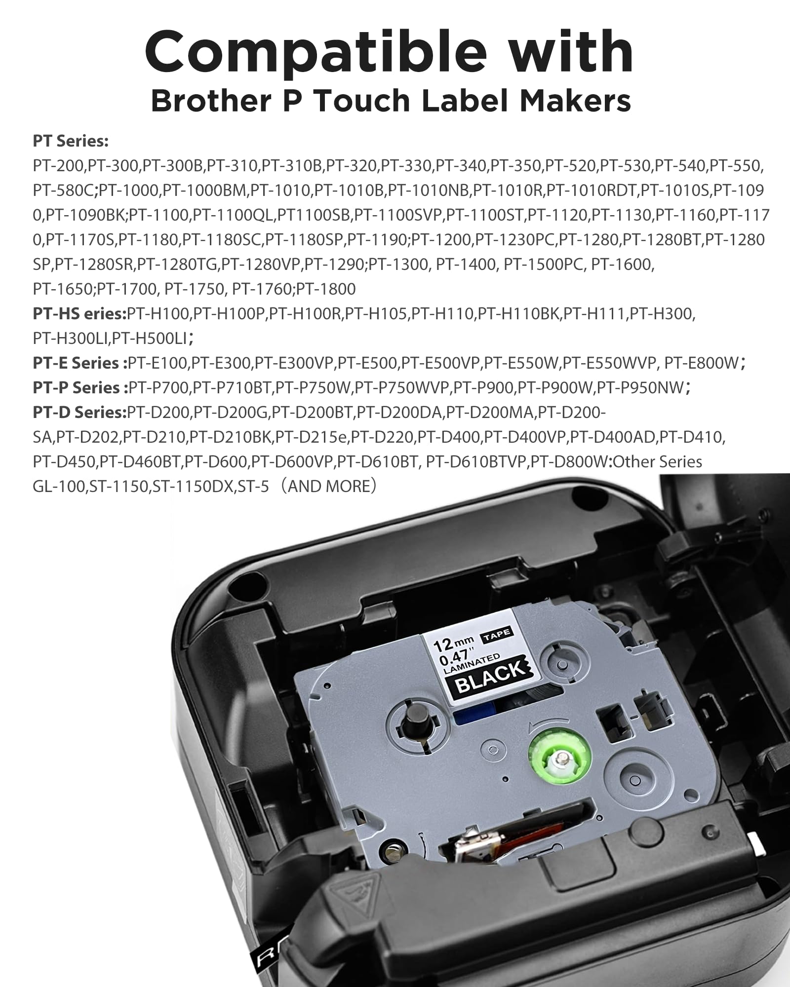 6-Pack TZe-335 Label Tape White on Black Replacement for Brother TZe335 TZ-335 P Touch Label Tape 12mm 0.47 Laminated TZe TZ Tape Work with Brother PT-D210 PT-D220 PT-H110 PT-H100 D400AD Label Maker