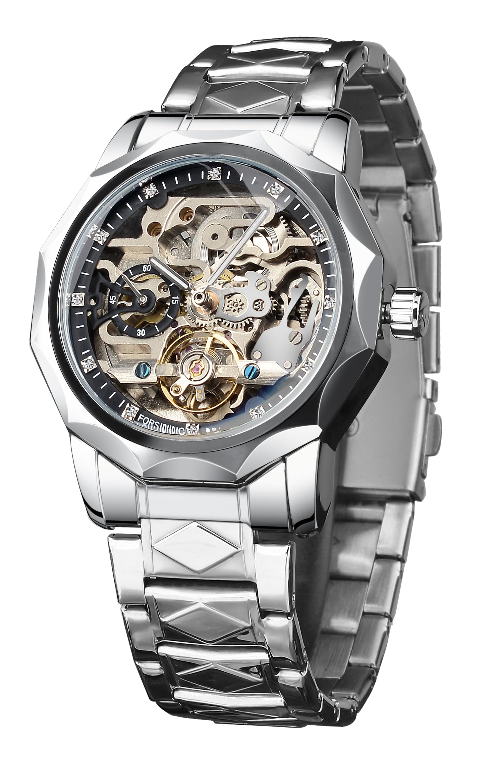 FORSINING Herren Skelett Automatik Tourbillon Uhr Selbstaufzug Hohl Mechanische Uhr Tourbillion Rhombus Edelstahl Armbanduhr Gold oder Schwarz