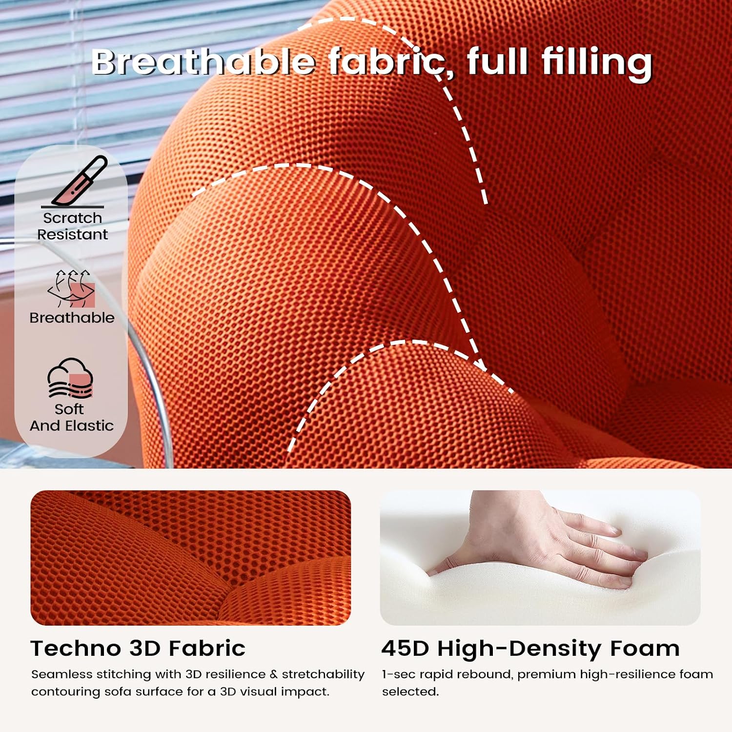 GEARIVY Modern Red Fabric Sofa with Elegant Button Tufting - Contemporary Seater Living Room Couch, Comfortable & Easy to Clean Home Furniture in Vibrant Stylish Addition(Orange, 43.31")
