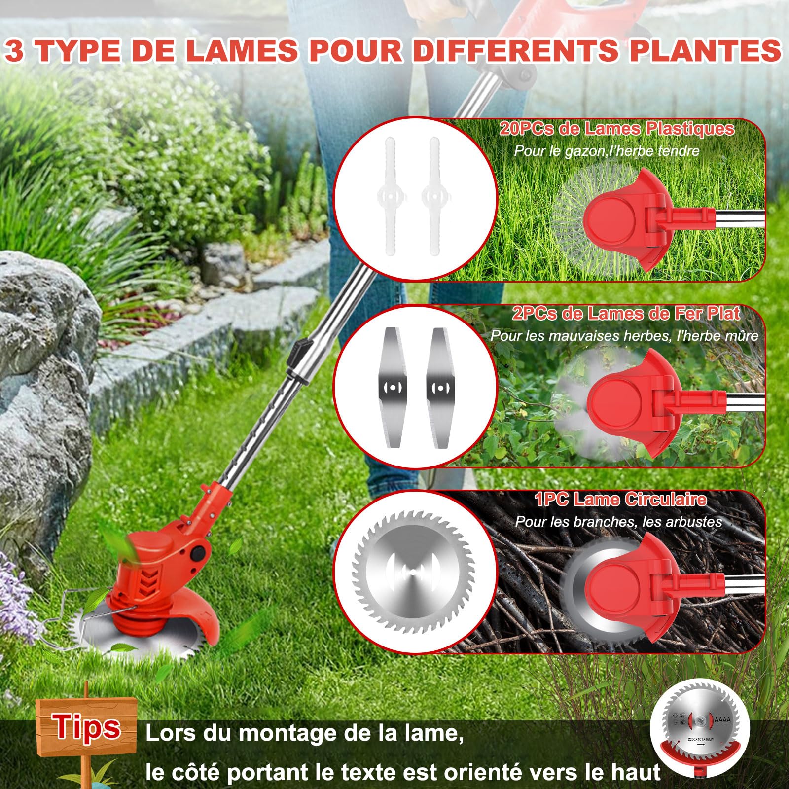 Lacoco Débroussailleuse Électrique sans Fil Coupe Bordure à Batterie Tondeuse à Gazon Puissant Poignée Télescopique 3 Types de Lames Tête Pivotante à 90°avec 2 * 2.0AH Batteries pour Jardin Court