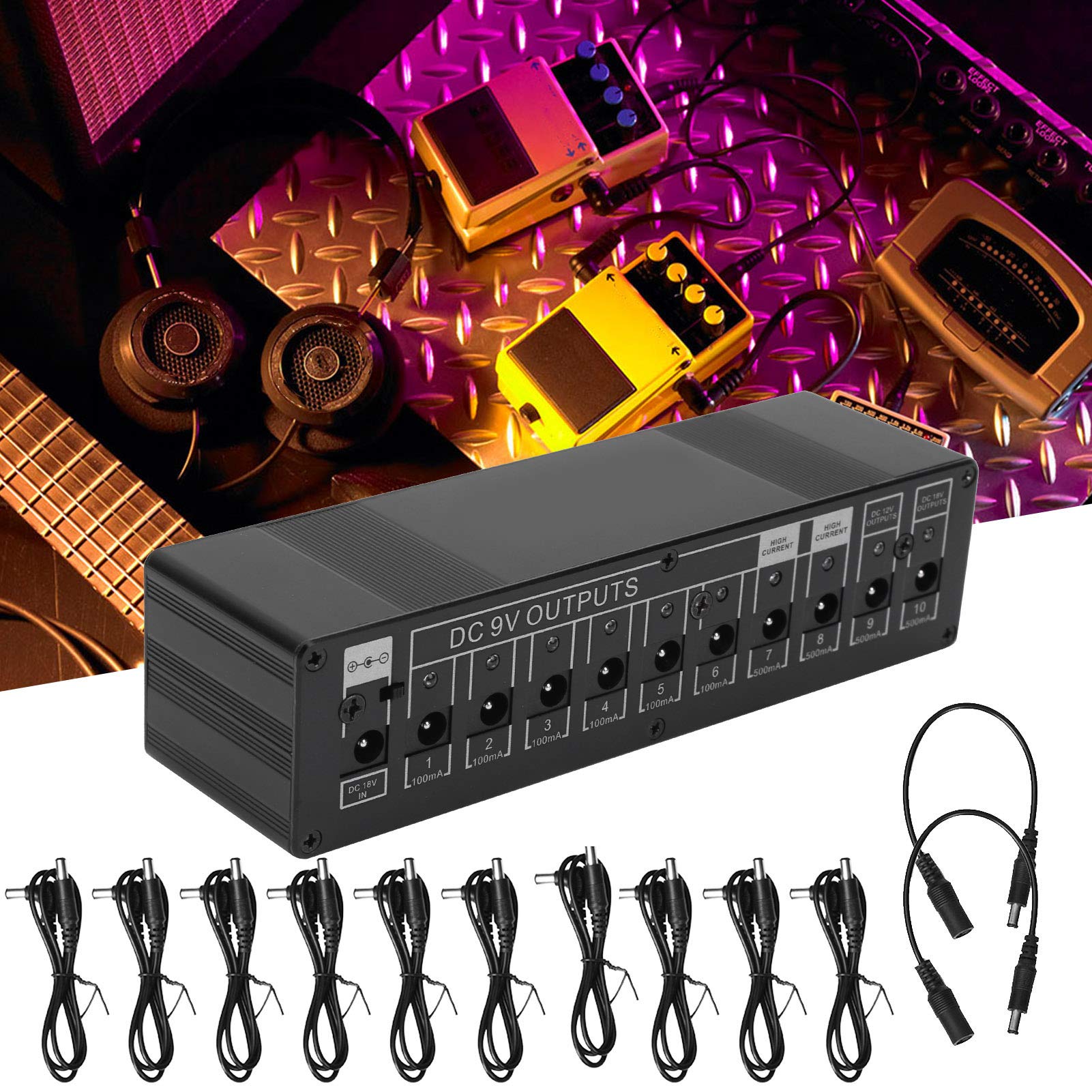 lyrlody Alimentatore per Pedali Effetti per Chitarra, 10 Canali di Uscita DC 9V/12V/18V, Alimentatore per Pedali Effetti per Chitarra, Alimentatore per Pedali Effetti, Effetti per (Spina