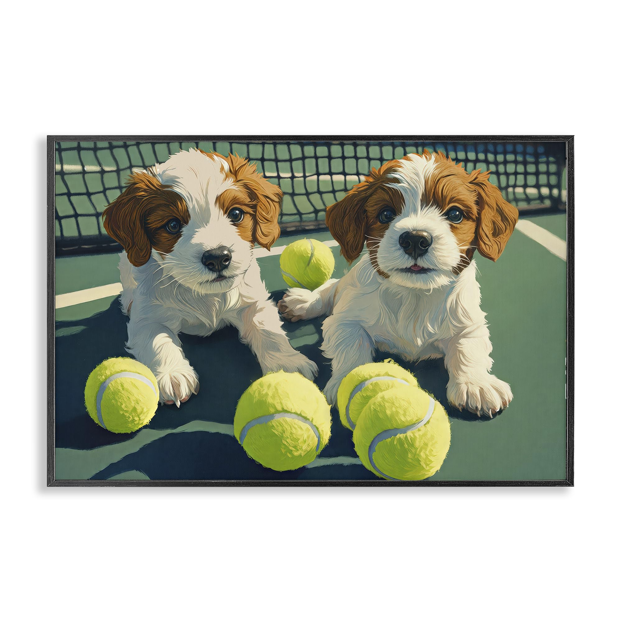 Stupell Industries Midnight Black (Textured) 'Playful Puppies With Tennis Balls'| Framed Giclee Art