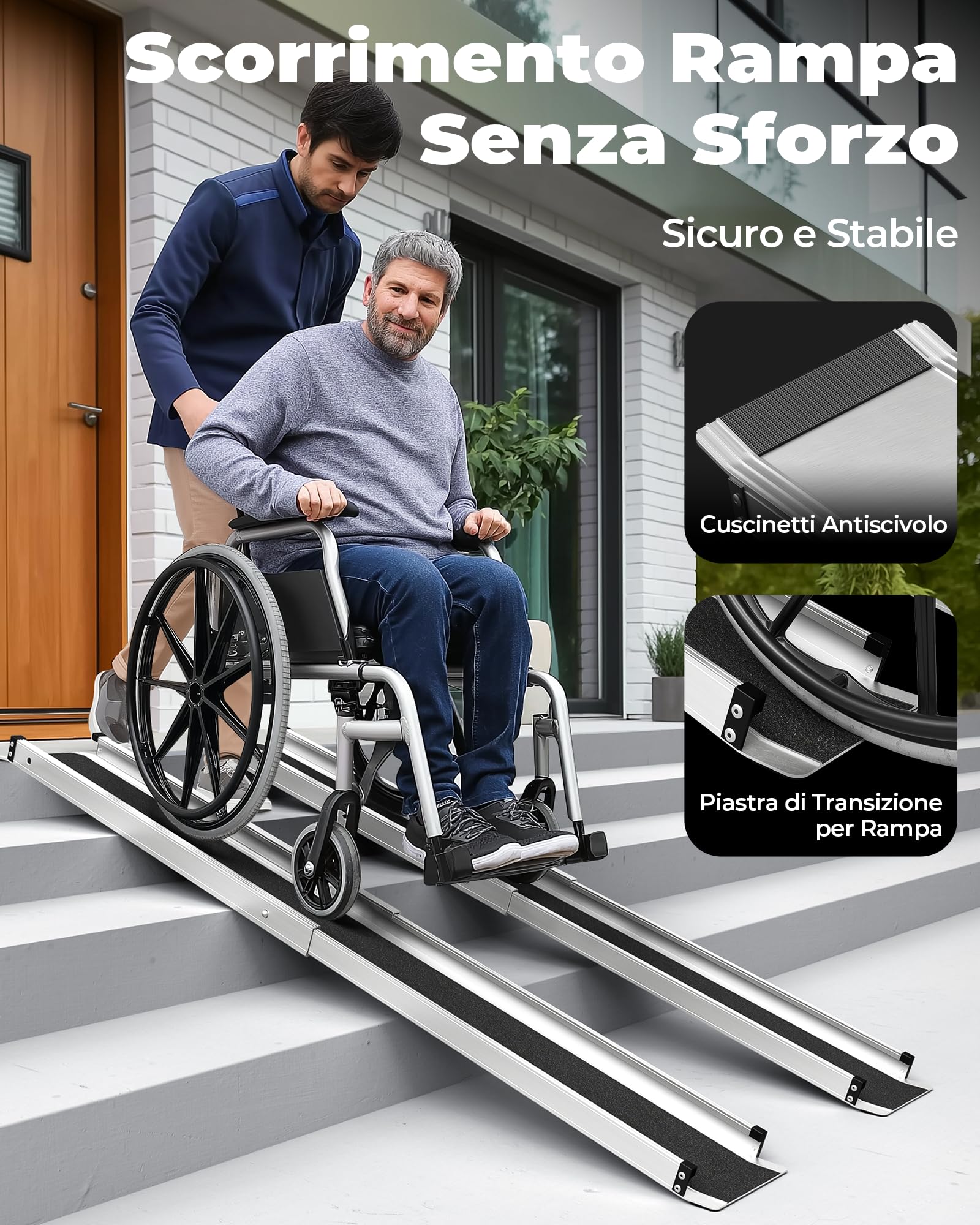 FACHNUO Rampa a Telescopio per Carrozzine 184 cm con borsa da riporre - Rampa per scooter in alluminio (carico 272 kg), design pieghevole leggero per marciapiedi/veicoli/soglie, Confezione da 2