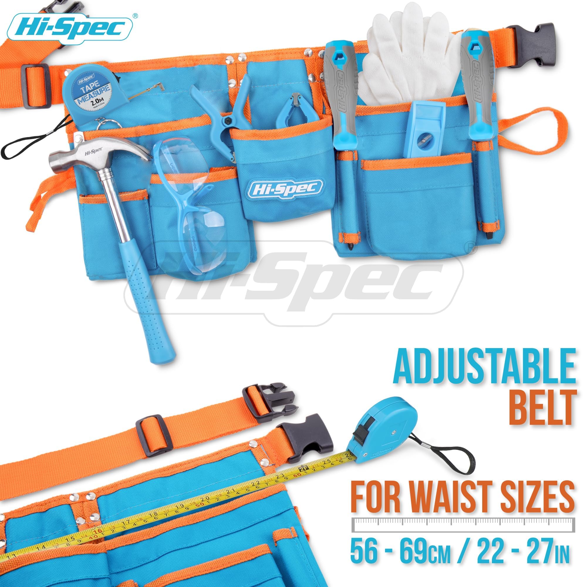 Hi-Spec Ceinture à Outils Enfant avec Kit de 16 Pièces - Gants, Lunettes de Sécurité & Vrais Outils pour Bricolage et Établi - Ceinture Porte-Outils Ajustable, Pratique et Sûre pour Enfants