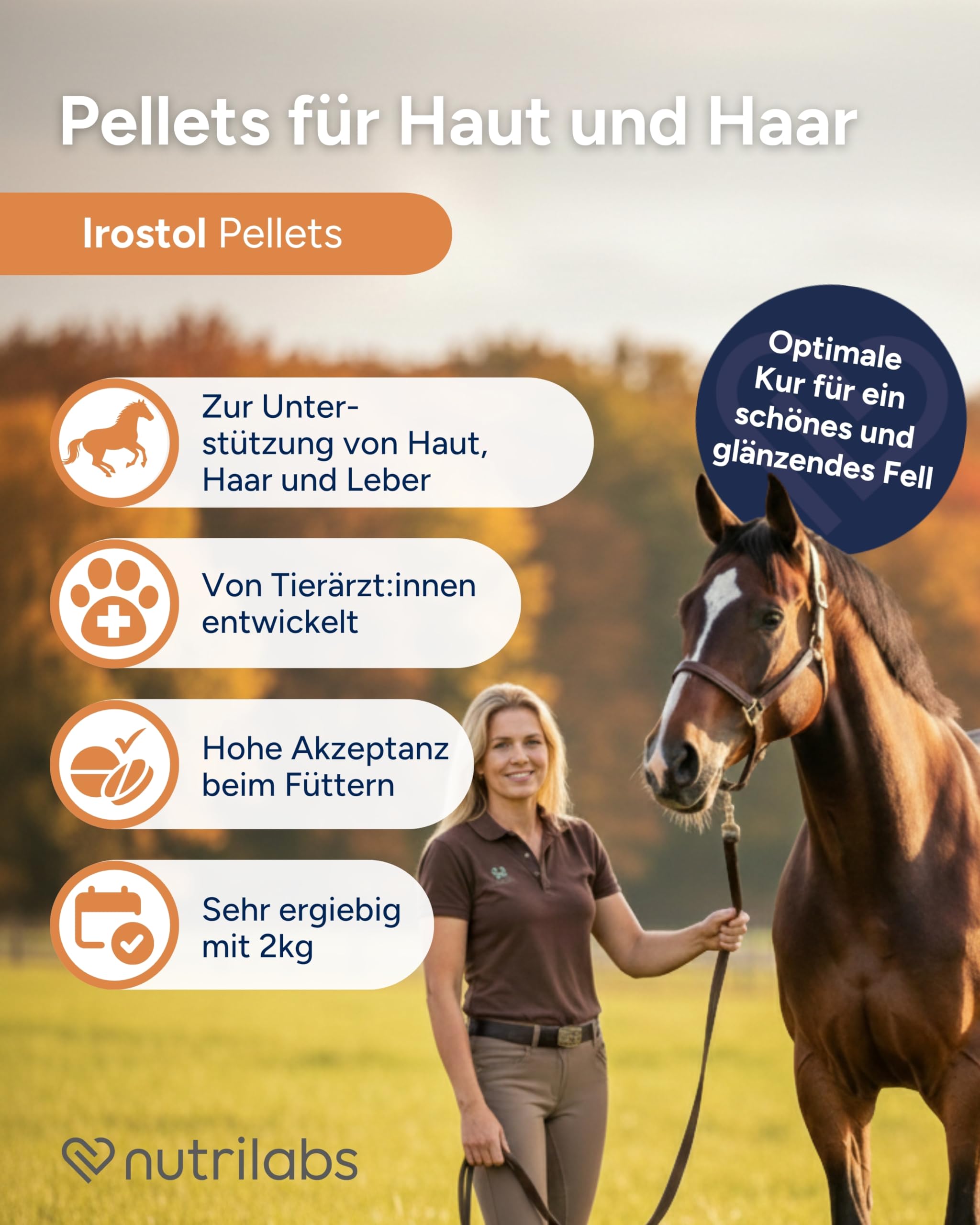 NutriLabs Irostol® Pferde Pellets 2 kg - Nahrungsergänzung mit Vitaminen, Biotin u.v.m. für Haut & Fellwechsel - MSM - Pferdeergänzungsfutter mit Biotin - Mineralien
