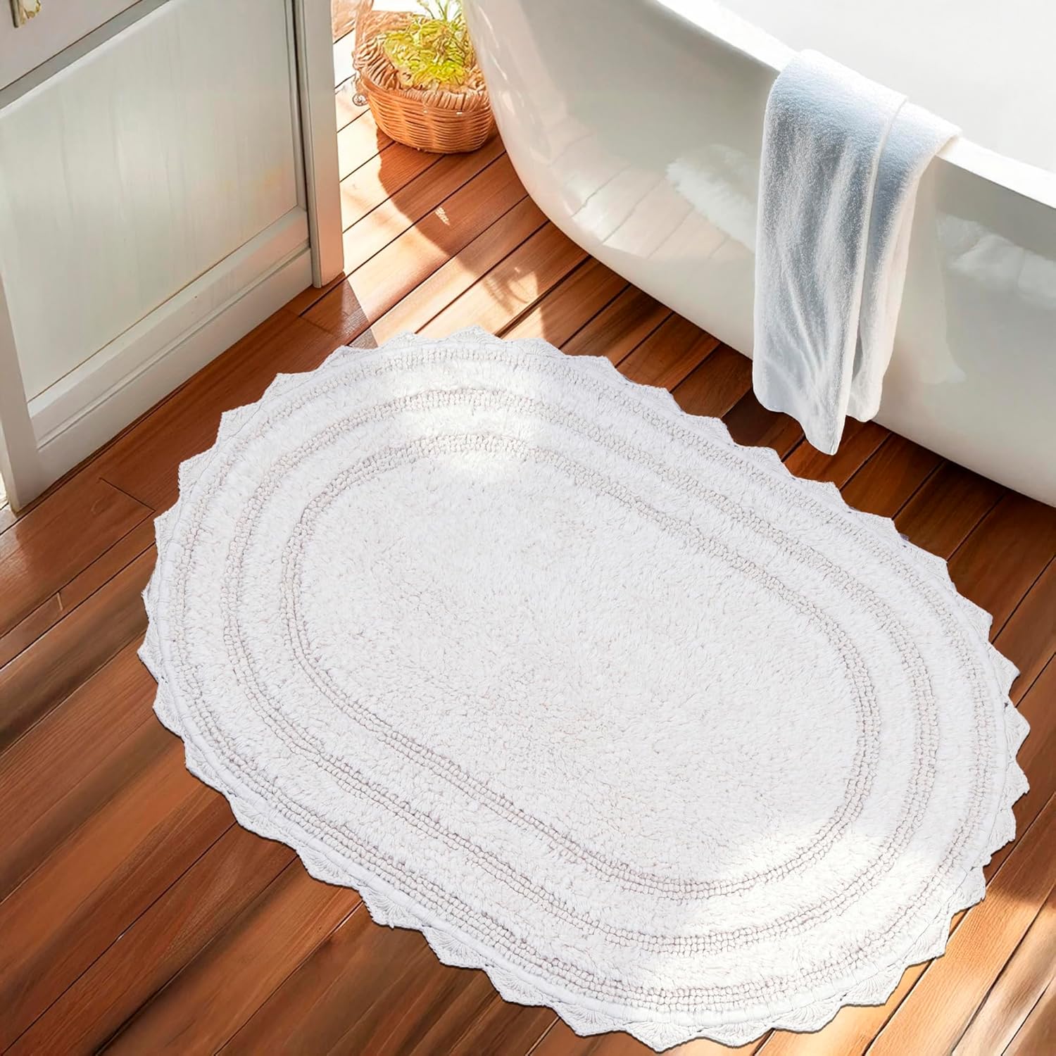 Royal Blaze Crochet Reversible Bath Mat Runner 100% Cotton Bathroom Rug Runner, Medium Plus Oval 24×36 Soft White