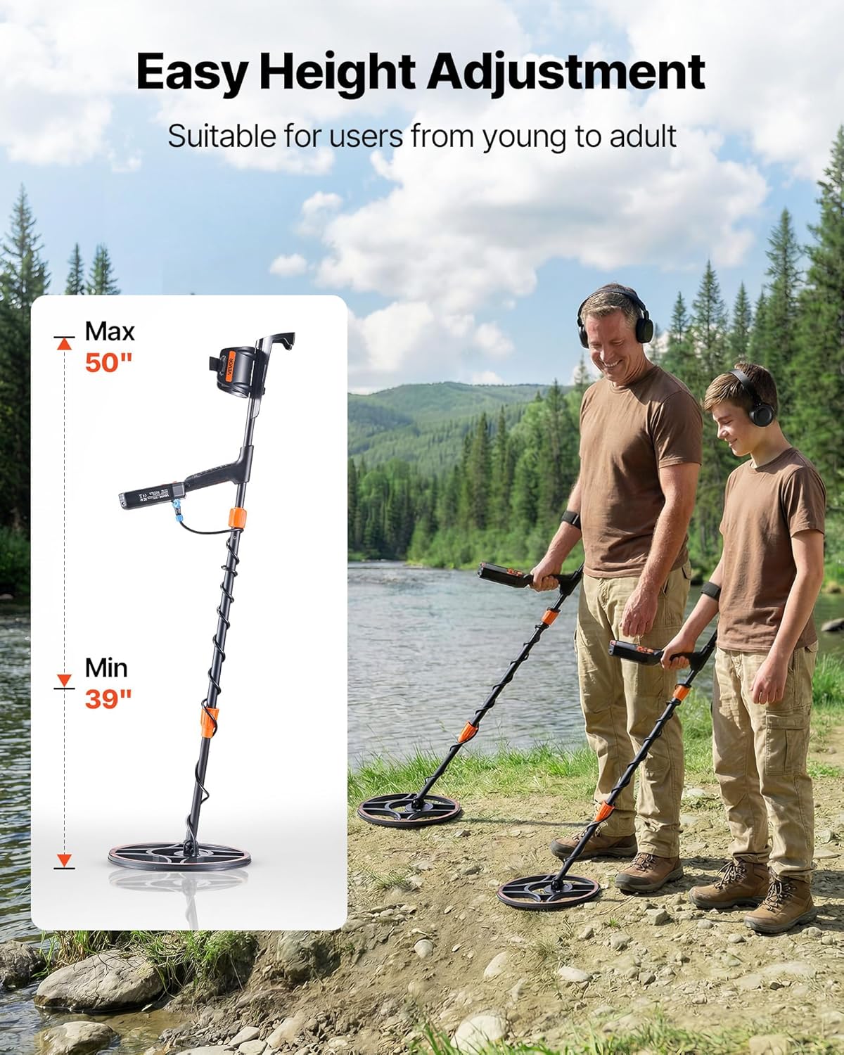 VEVOR Waterproof Metal Detector, 12", Professional High Accuracy Gold Detector for Adults, with Display, Wireless Headphones, 7 Modes, Adjustable Length, for Detecting Gold Treasure Hunting, IP68