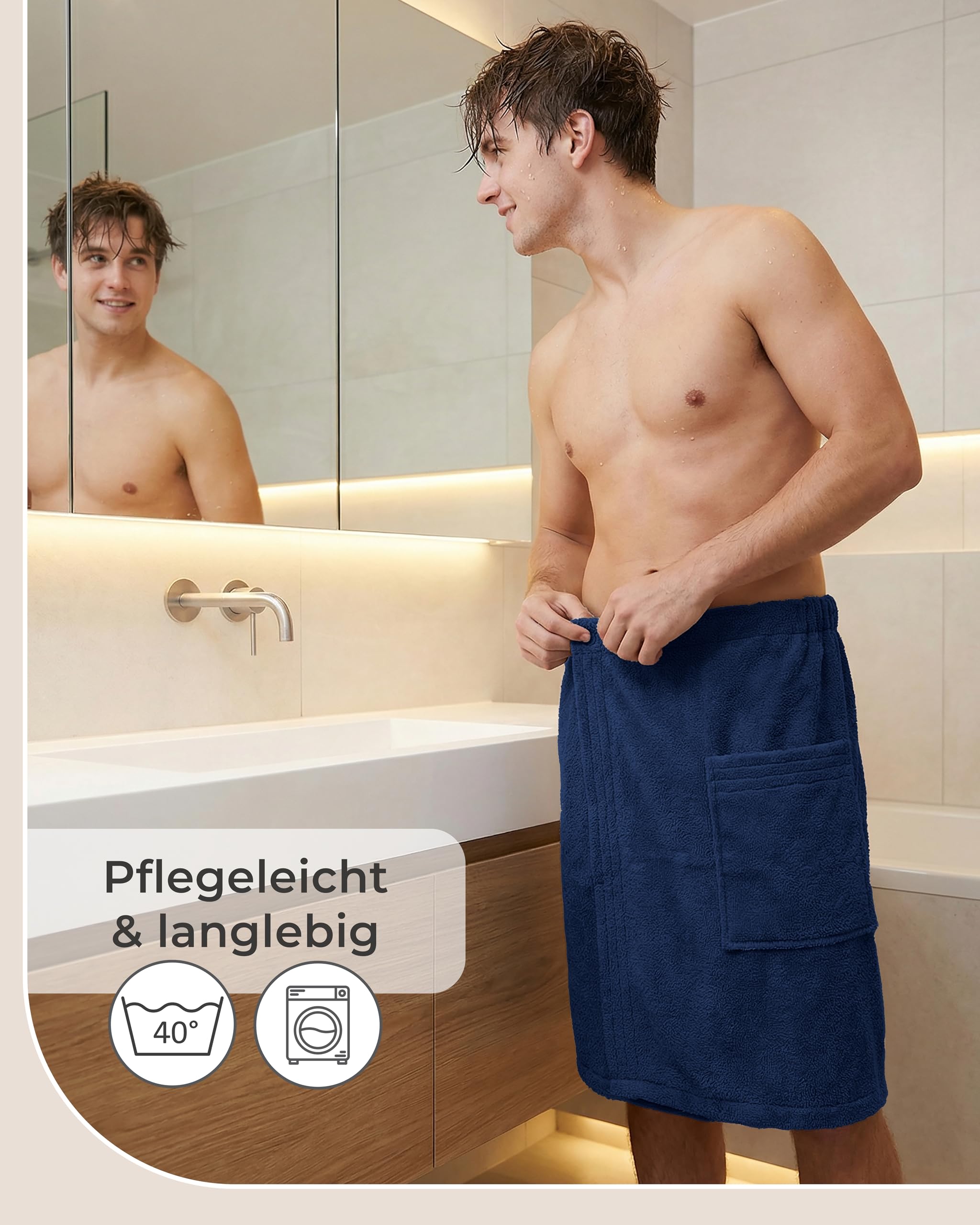 LAYNENBURG Męski kilt do sauny premium z zapięciem na guziki – 100% bawełna – Öko-Tex 100 – męski ręcznik do sauny – frotte, gumowy ściągacz do wellness, spa i sauny (M-XL ciemnoniebieski)
