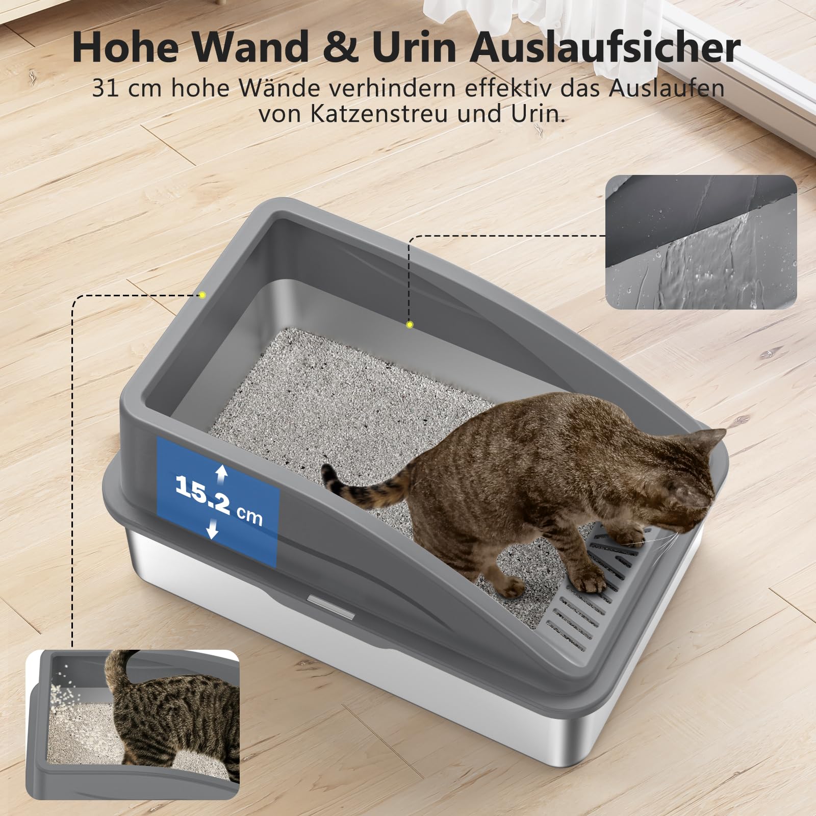 FURTIME Lettiera Gatto, 20 L Lettiera Acciaio Inox, Lettiera Gatto Grande, Lettiera Anti-perdite, XXL Litter Box