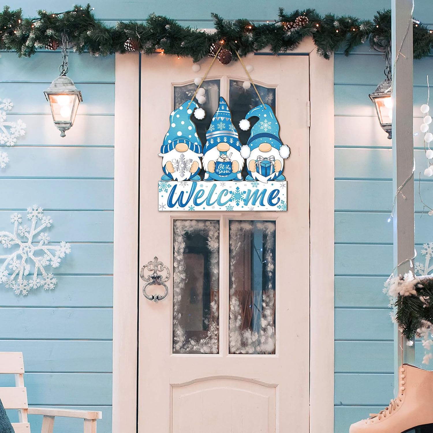 Panelee Winter Welcome Door Sign Gnome Hanging Decoration Let It Snow Wooden Gnome Sign Blue Snowflake Door Hanger with Rope Hanging Decoration for Front Porch Home Winter - Image 2