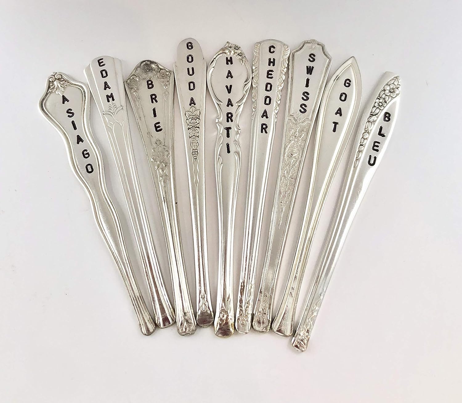 Handcrafted Vintage Silver Spoon Cheese Markers, Set of 9, Artisanal Cheese Board Labels, Luxury Table Decor, Perfect for Wine Pairings and Dinner Parties, Unique Gift for Chefs and Hosts