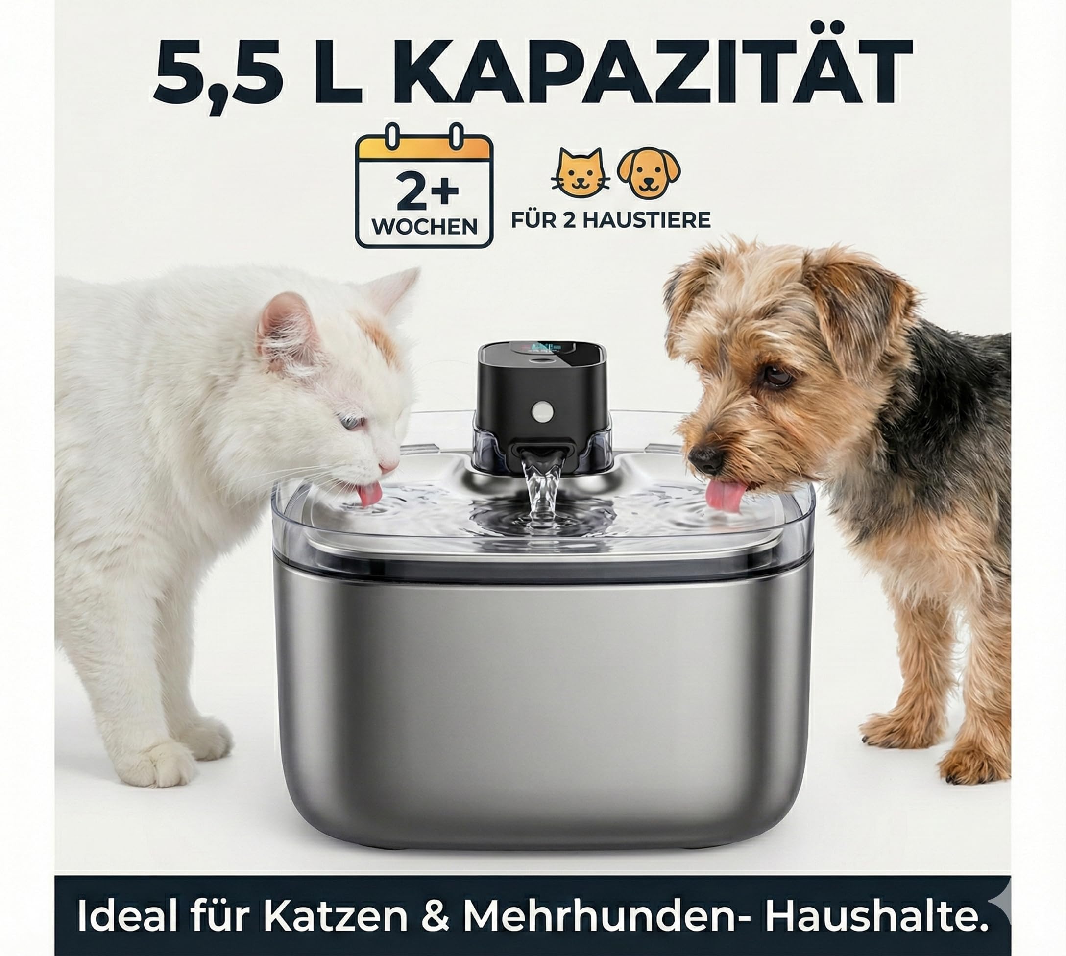 Kabelloser 5.5 L Trinkbrunnen für Katzen & Hunde aus Edelstahl – Premium Katzenbrunnen mit Bewegungssensor – 4000mAh Akku, Batteriebetrieben mit UV-Sterilisation & Ultraleise (Inkl. Filter)