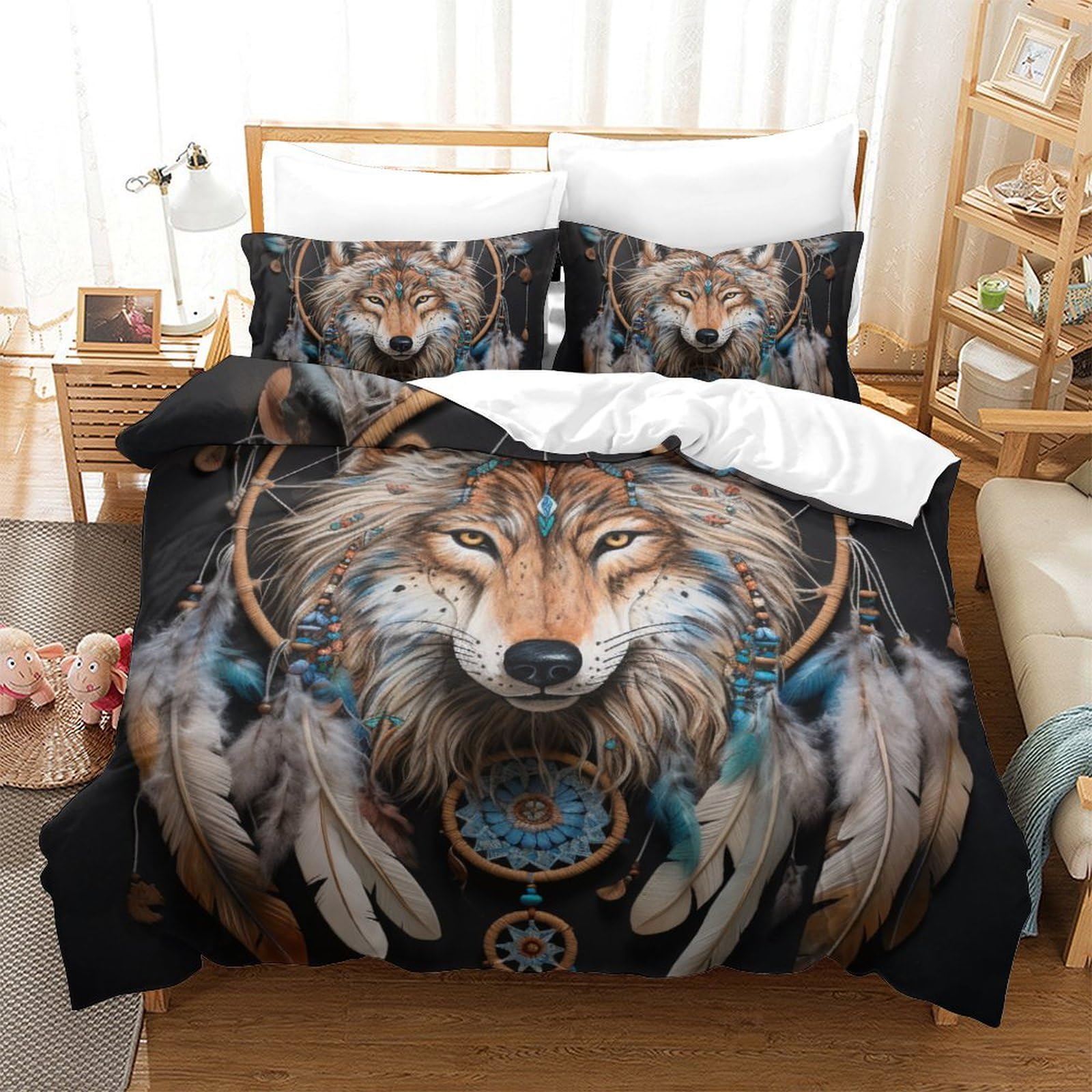 Housse de couette loup imprimé 3D avec fermeture éclair microfibre King