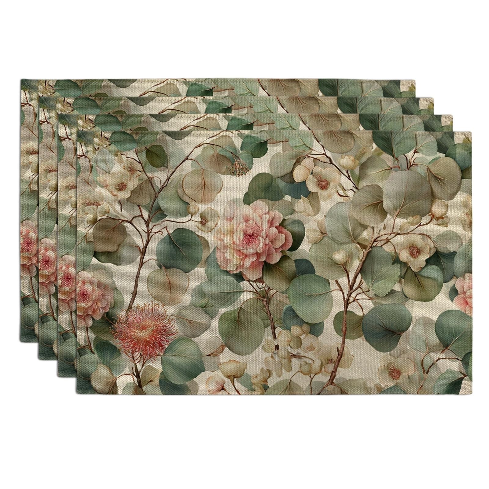 Spring Floral Eucalyptus Placemats, Peach Green Botanical Table Mats for Dining, Non-Slip Washable Indoor Outdoor Decorative Placemats Set of 4