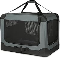 Amazon Basics 4-Door Portable Folding Soft Dog Crate - Collapsible Travel Kennel for Cats & Small Dogs, Medium 30x21x21 Grey Pop-Up Kennel