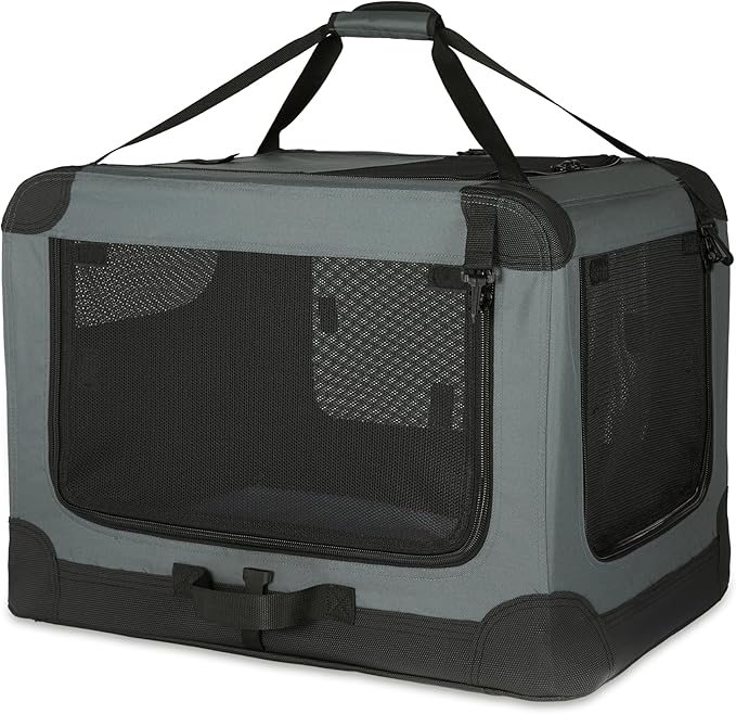 Amazon Basics 4-Door Portable Folding Soft Dog Crate, Collapsible Travel Kennel for Cat, Dog, and Other Small Animals, Pop Up with Easy Transportation, Grey, M 30" x 21" x 21"