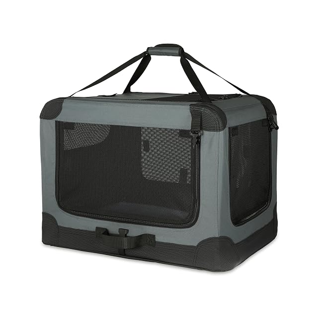 Amazon Basics Transportín portátil plegable de 4 puertas para perros y gatos, Gris, M 76 cm x 54 cm x 54 cm