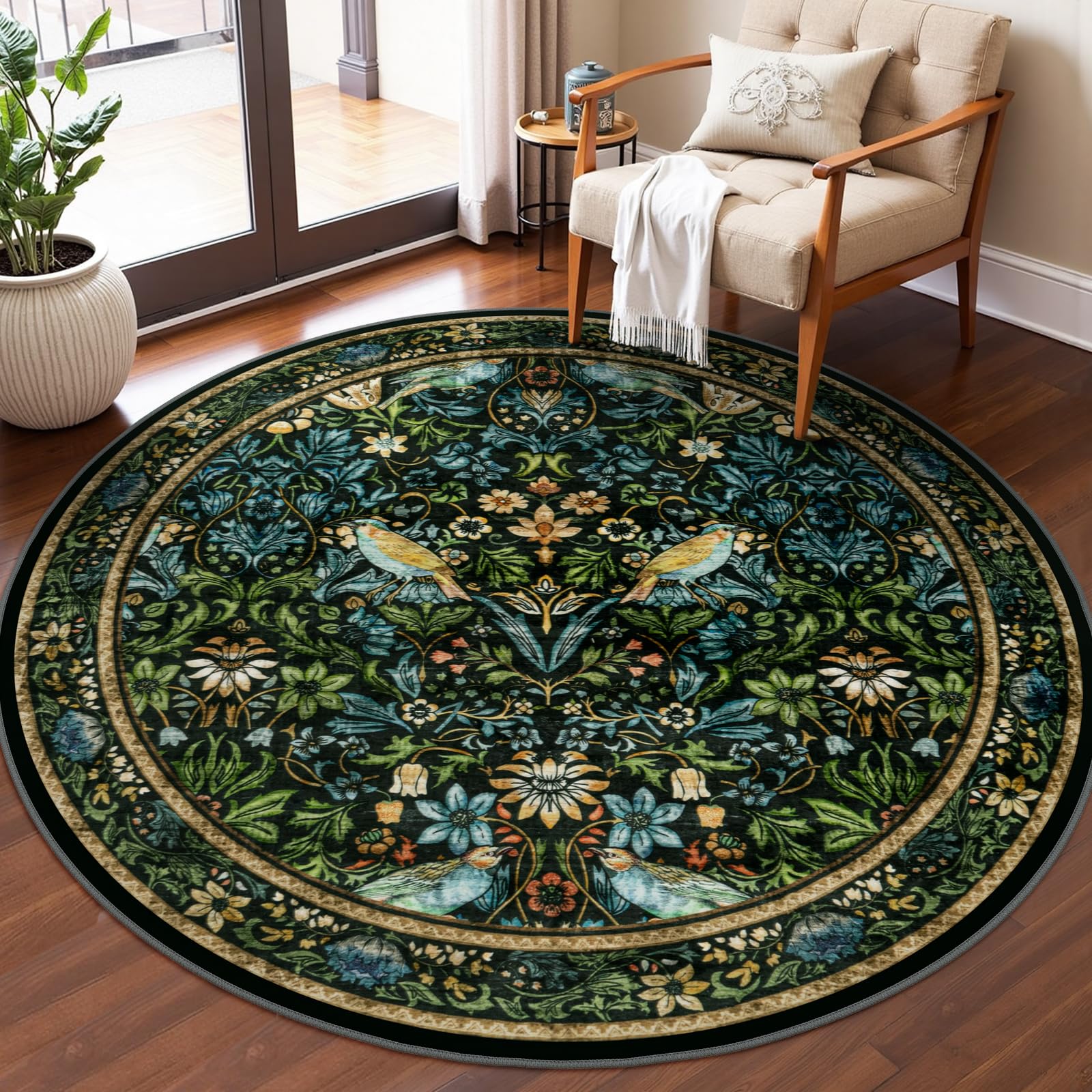 Rugalia Vintage Floral Round Rugs 5ft, Washable Boho Circle Rug for Living Room, Soft Non-Slip Botanical Nursery Circular Carpet, Navy Blue Flower