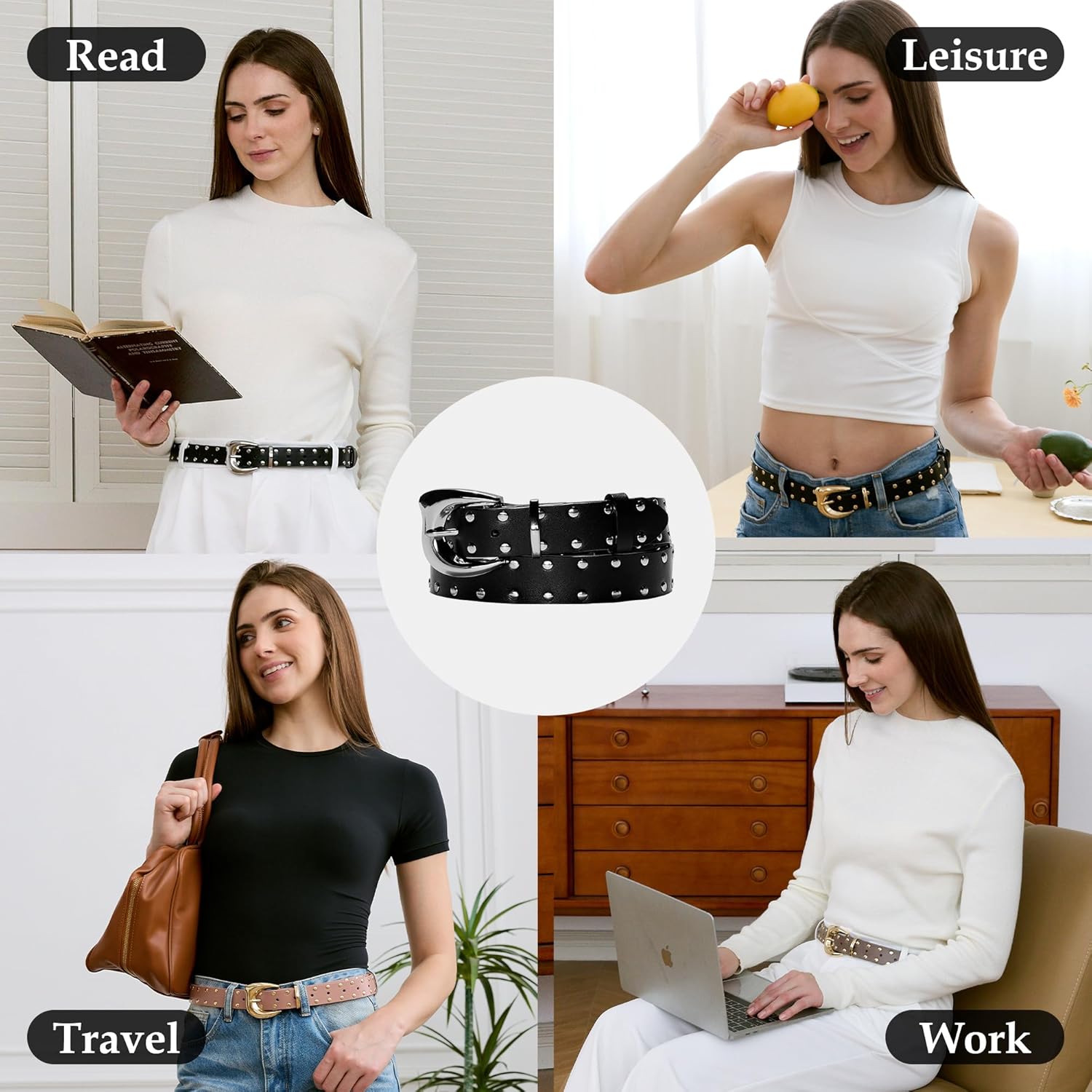 Women's Studded Leather Belts,Adjustable Womens Belts,Suitable for Jeans and Dresses Punk Belt,Length 105cm/116cm - Image 4