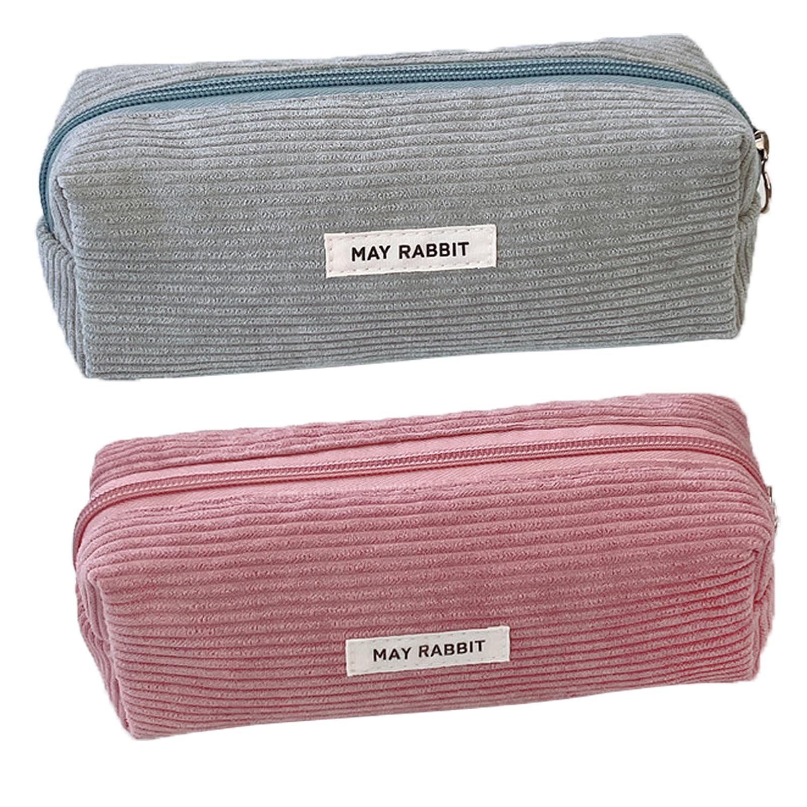 GmwyCzV 2 Piezas Estuche, Estuche Pana de Gran Capacidad, Estuche de Pana con Cremallera, Estuche Escolar Grande, Estuches de Lápices para Niñas Niños Adolescentes (Gris+Rosa)