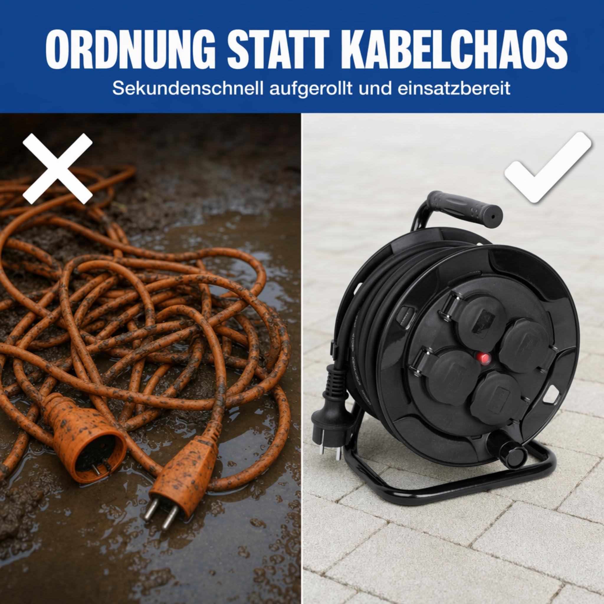 LEX Profi Kabeltrommel 40m IP44 - Outdoor Verlängerungskabel, 4 Steckdosen | Spritzwassergeschütztes 3 x 1,5 mm Stromkabel, robuster Metallständer mit Haltegriff & drehbare Kurbel für leichtes Aufrollen