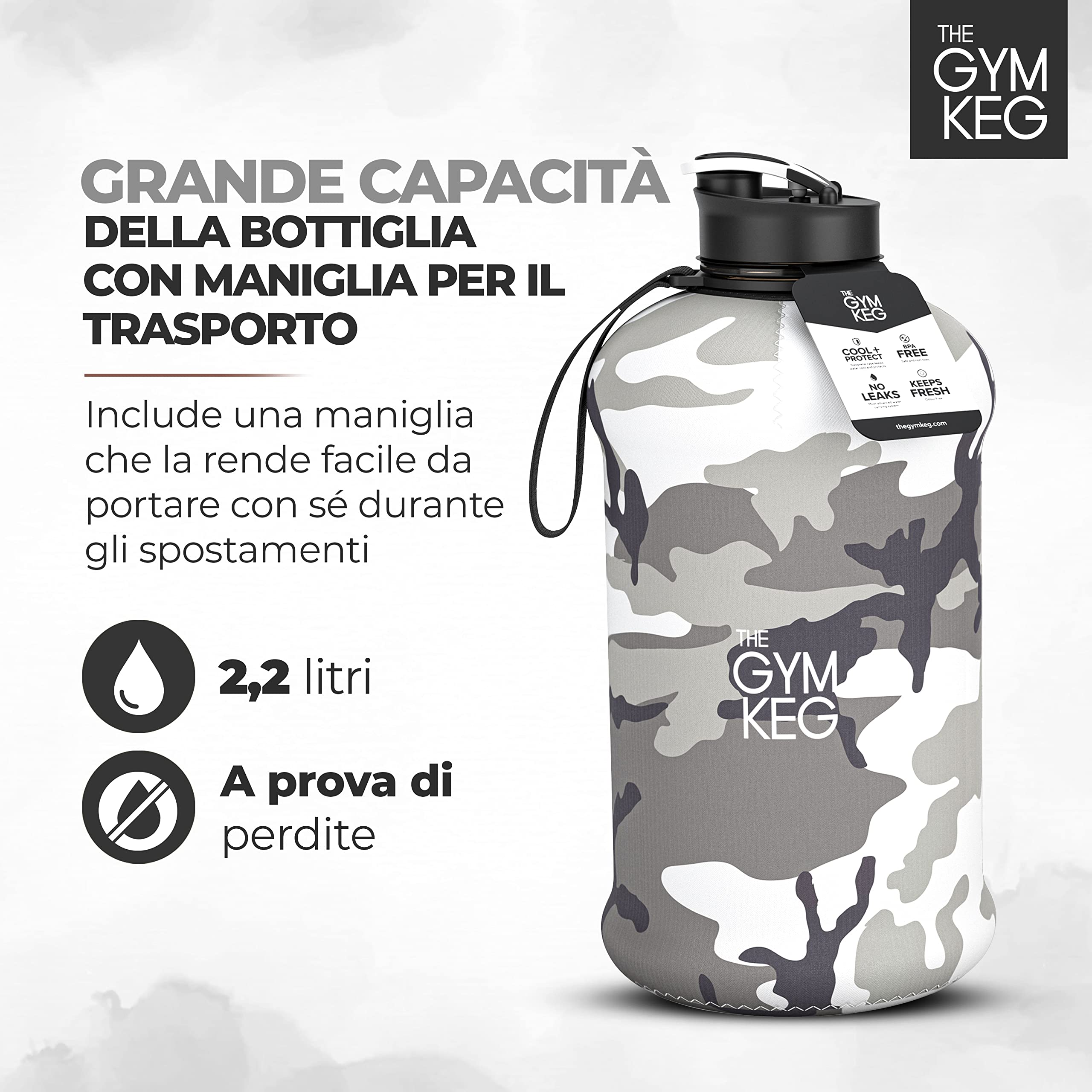 The Gym Keg Borraccia Palestra 2.2L con Custodia e Manico Bottiglia Acqua Borraccia Sportiva Riutilizzabile Fitness Workout Yoga Ecologica Senza BPA