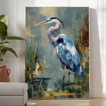 Blue Heron Canvas Wall Art Sea Bird Canvas Print Egret Artwork for Walls Great Blue Heron Painting Vintage Crane Print Watercolor Bird Artwork Crane Pictures Beach Animal Painting 16x24inch No Frame