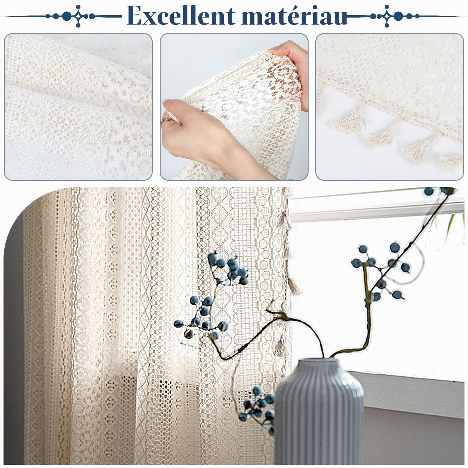 Lot de 2 rideaux en voile - Boho - Macramé - Rideaux vintage - Beige - 150 x 160 cm (L x H) - Pour salon, chambre à coucher