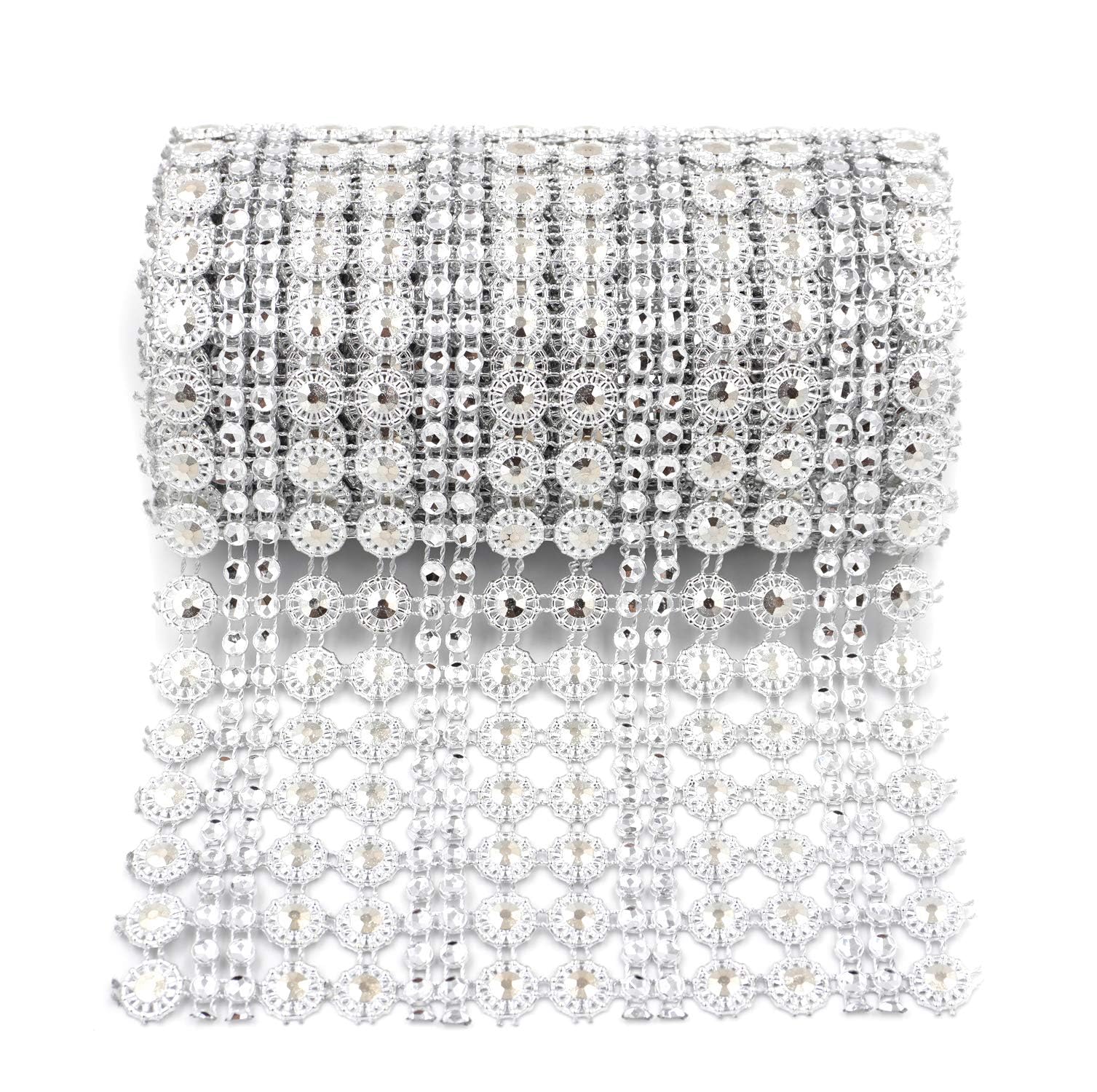 Nastro A Rete Con Strass A Forma Di Fiore - 6 File, 10 Metri, Argento - Per Decorazioni Fai Da Te, Matrimoni, Torte - 4